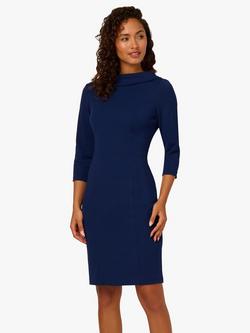 Adrianna Papell Rolled Neck Crepe Sheath Dress, Navy Sateen, Navy Sateen