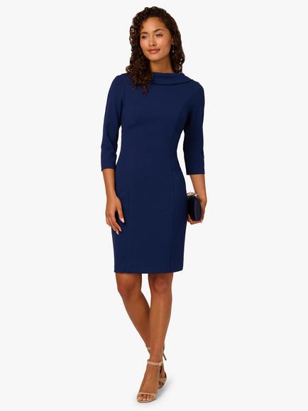 Adrianna Papell Rolled Neck Crepe Sheath Dress, Navy Sateen - view 2, Navy Sateen