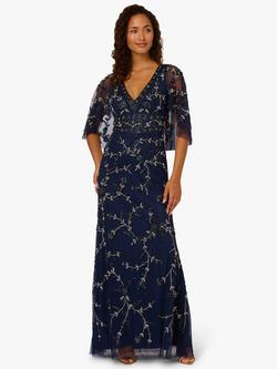Adrianna Papell Floral Vine Beaded Cape Maxi Dress, Light Navy, Light Navy