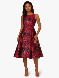 Adrianna Papell Boat Neck Floral Jacquard Dress, Burgundy/Navy, Burgundy/Navy