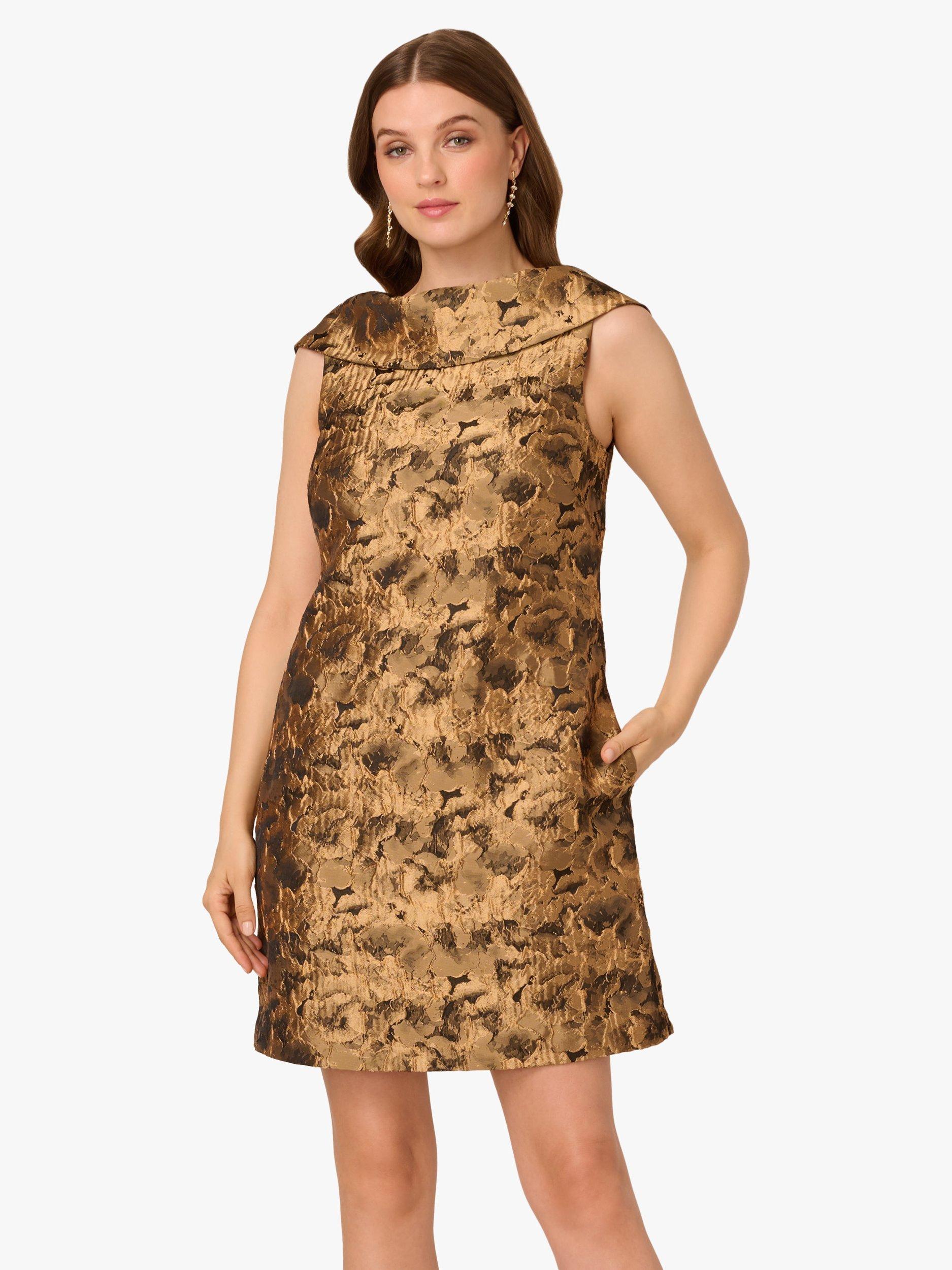 Adrianna Papell Bias Collar Jacquard Shift Dress, Gold/Black