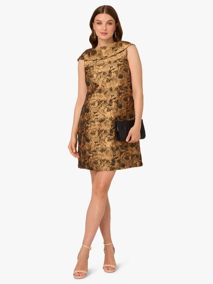 Adrianna Papell Bias Collar Jacquard Shift Dress, Gold/Black - view 2, Gold/Black