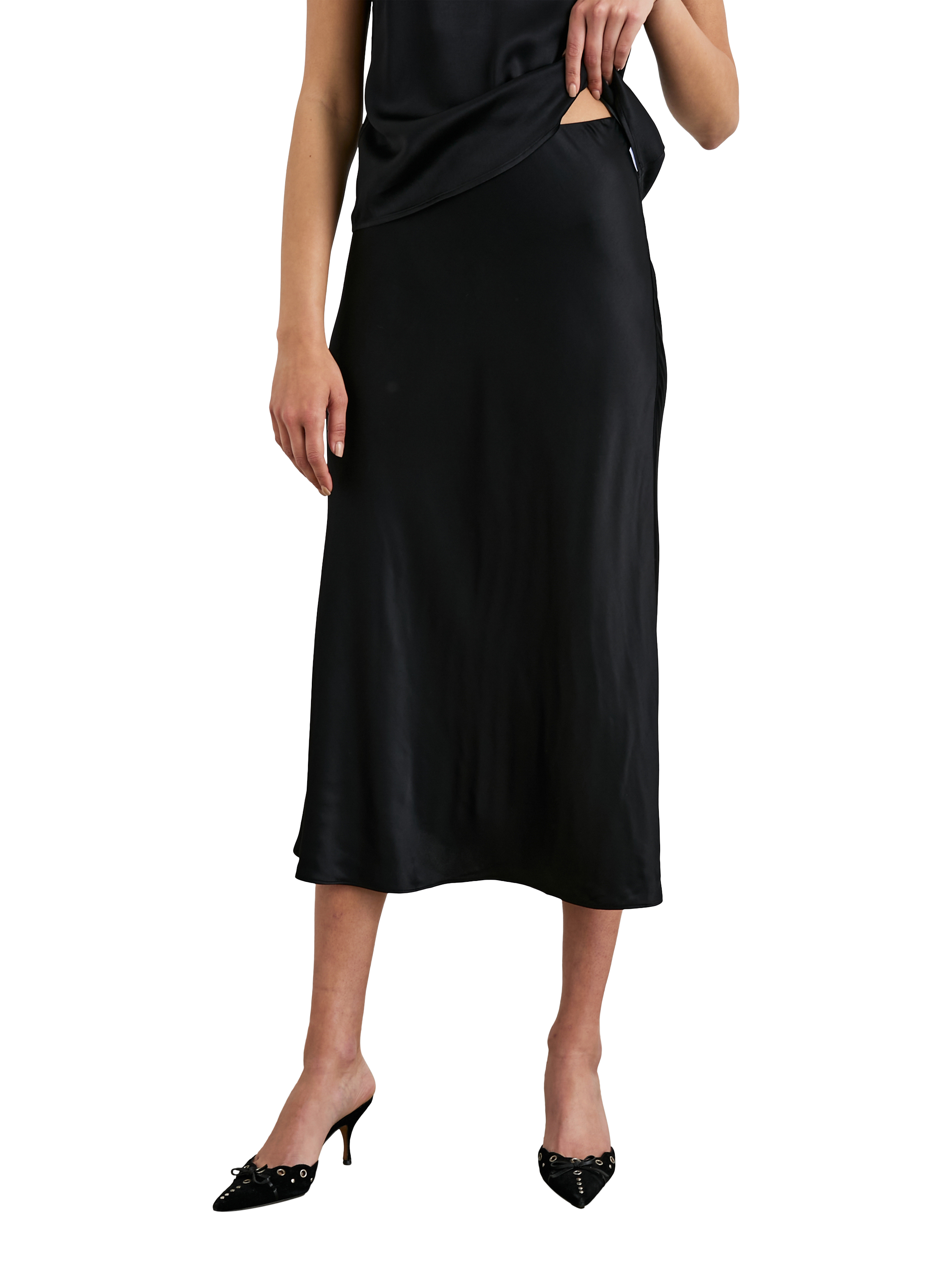 Product image 1 of 4, which shows Rails Anya Satin Midi Skirt, Black, XS