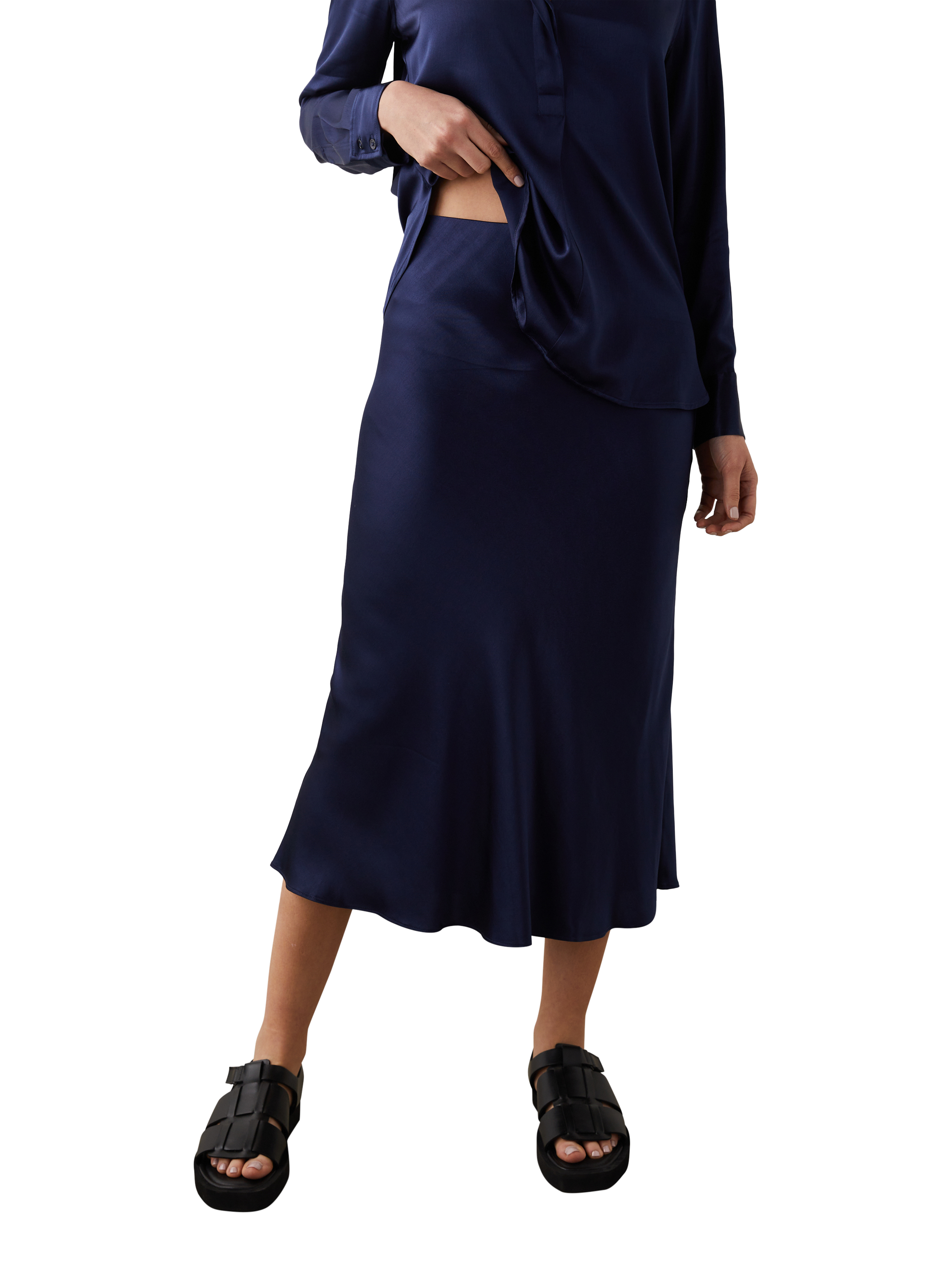 Product image 1 of 8, which shows Rails Anya Satin Midi Skirt, Navy, XS