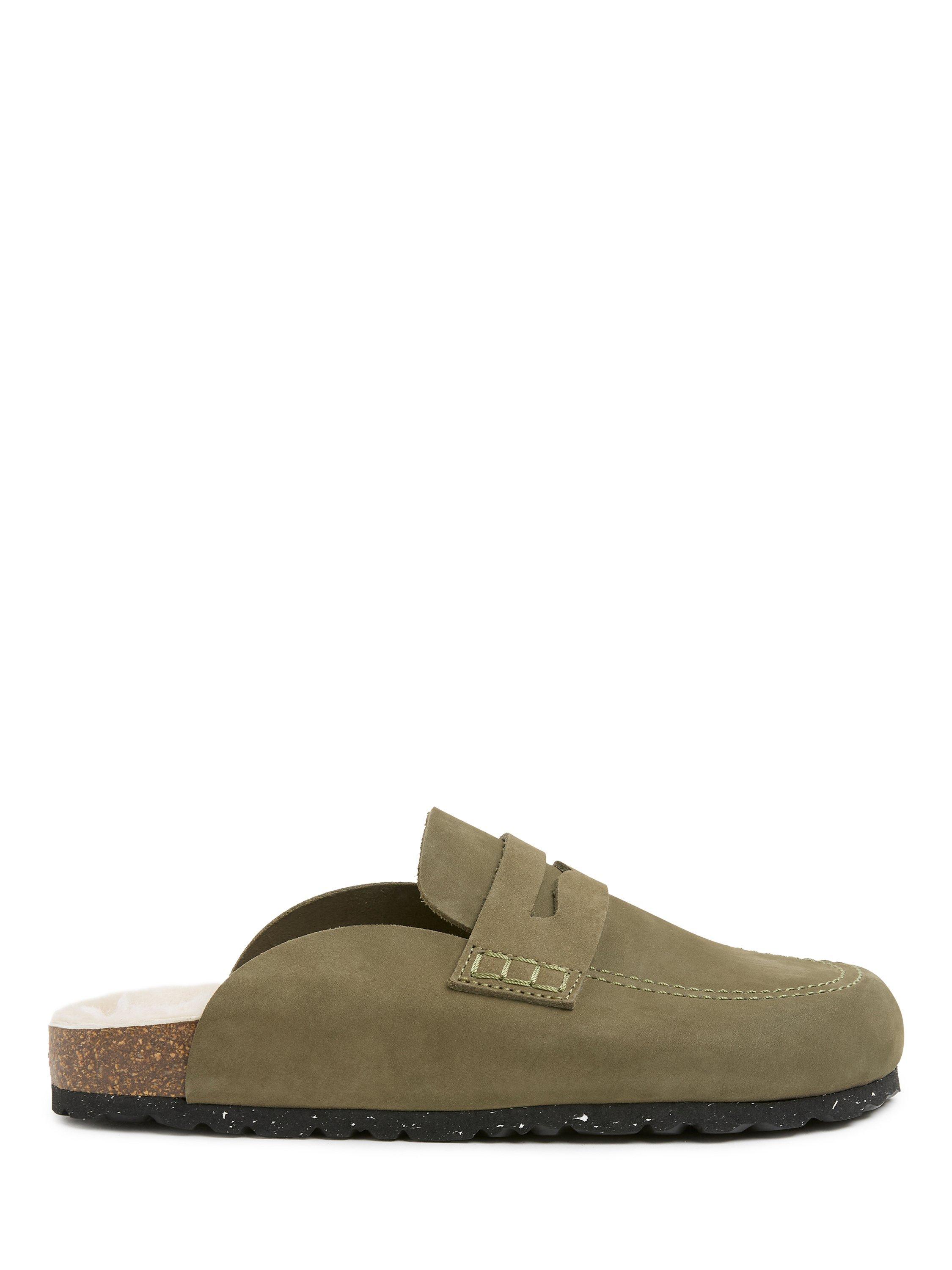 Product image 1 of 6, which shows Celtic & Co. Nubuck and Sheepskin Clogs, Khaki, EU36