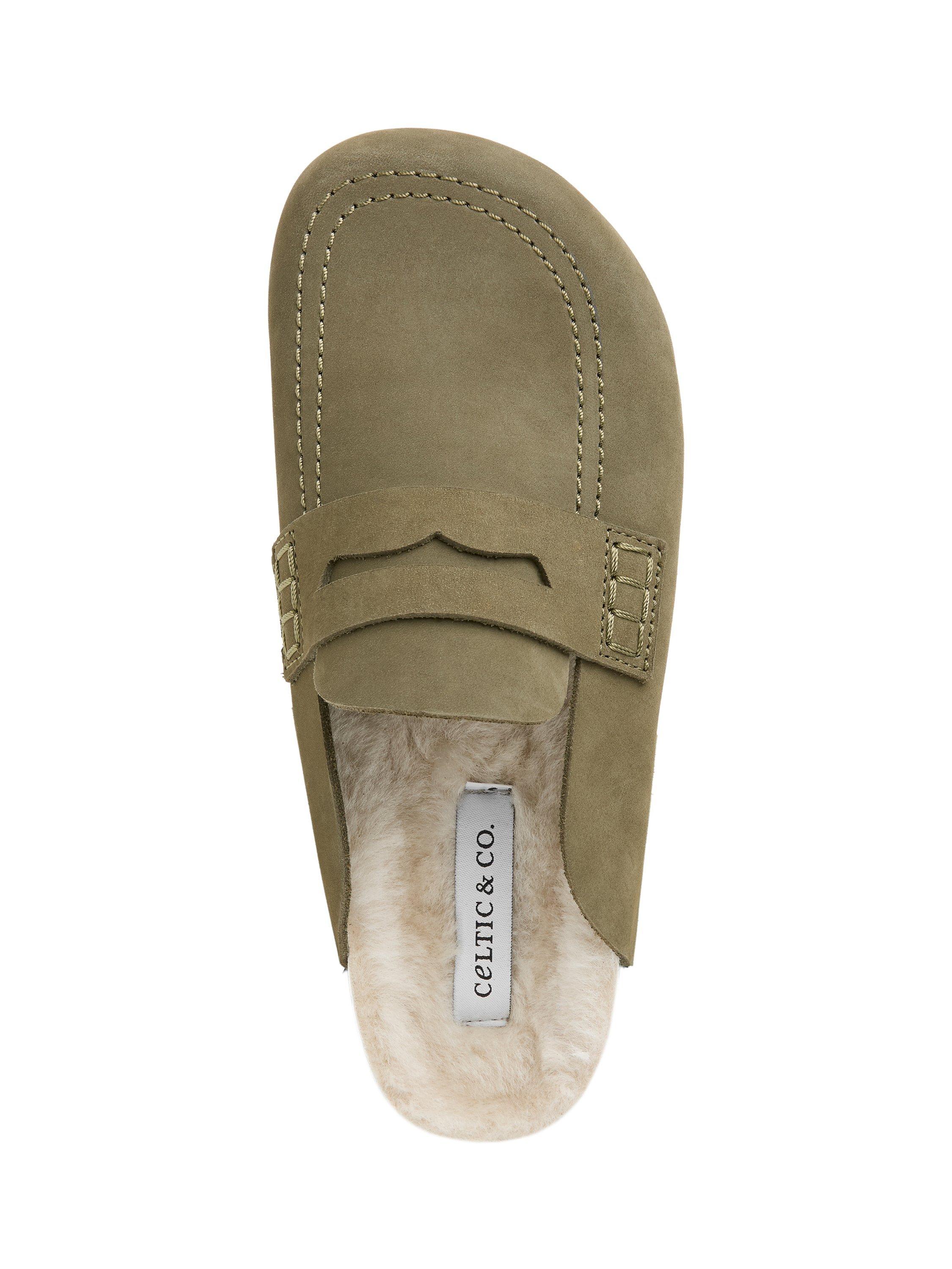 Product image 5 of 6, which shows Celtic & Co. Nubuck and Sheepskin Clogs, Khaki, EU36