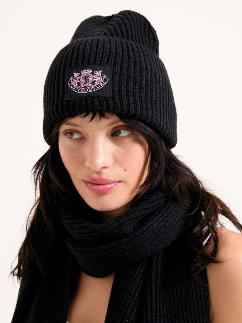 Product image 1 of 2, which shows Juicy Couture Crest Knit Hat & Scarf Set, Black, One Size