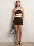 Reiss Rebecca Colour Block Pure Linen Shorts, Chocolate/Cream