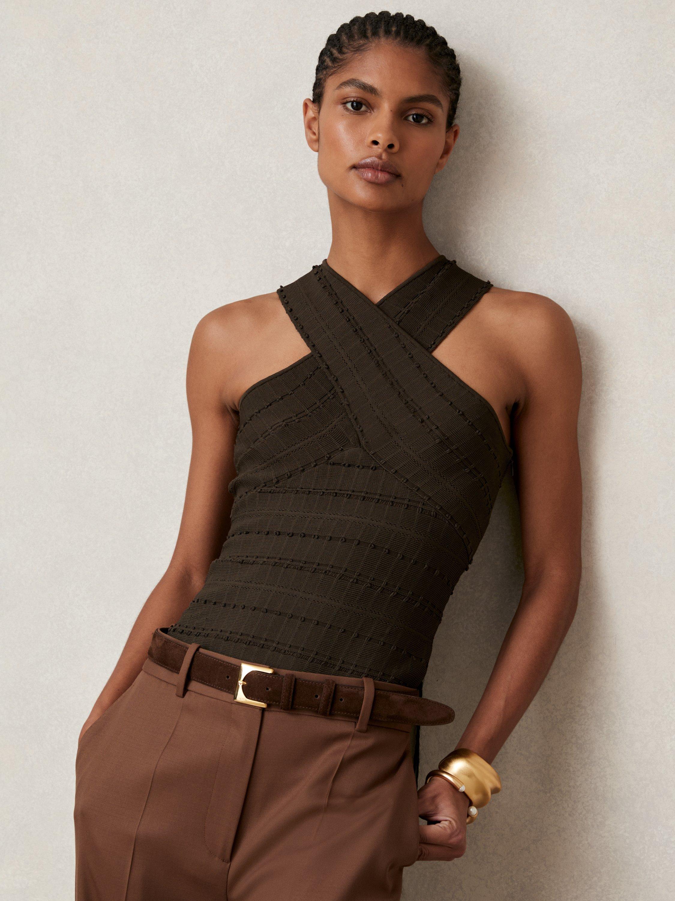Product image 1 of 4, which shows Reiss Alex Cross Strap Neck Top, Chocolate, S