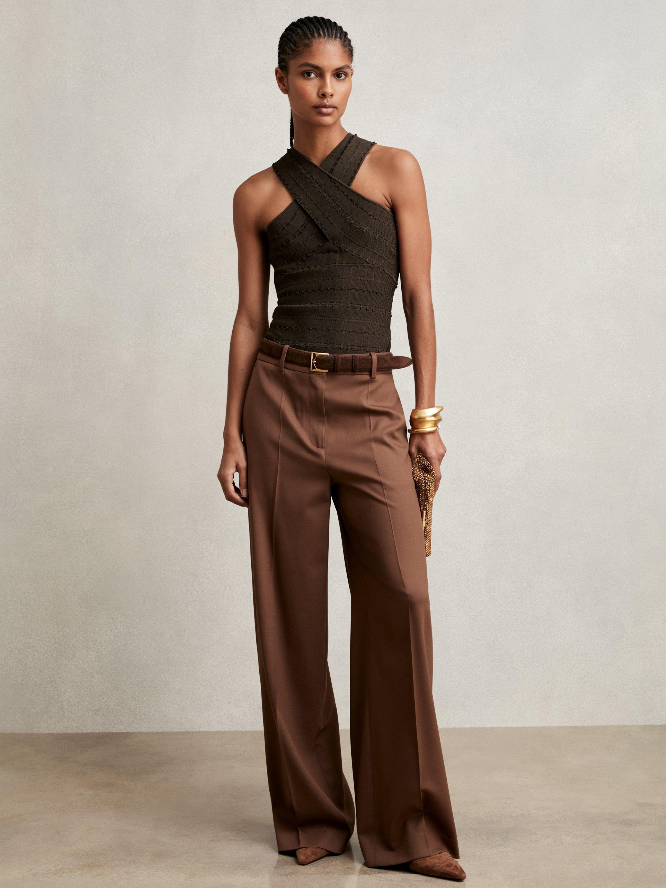 Product image 3 of 4, which shows Reiss Alex Cross Strap Neck Top, Chocolate, S