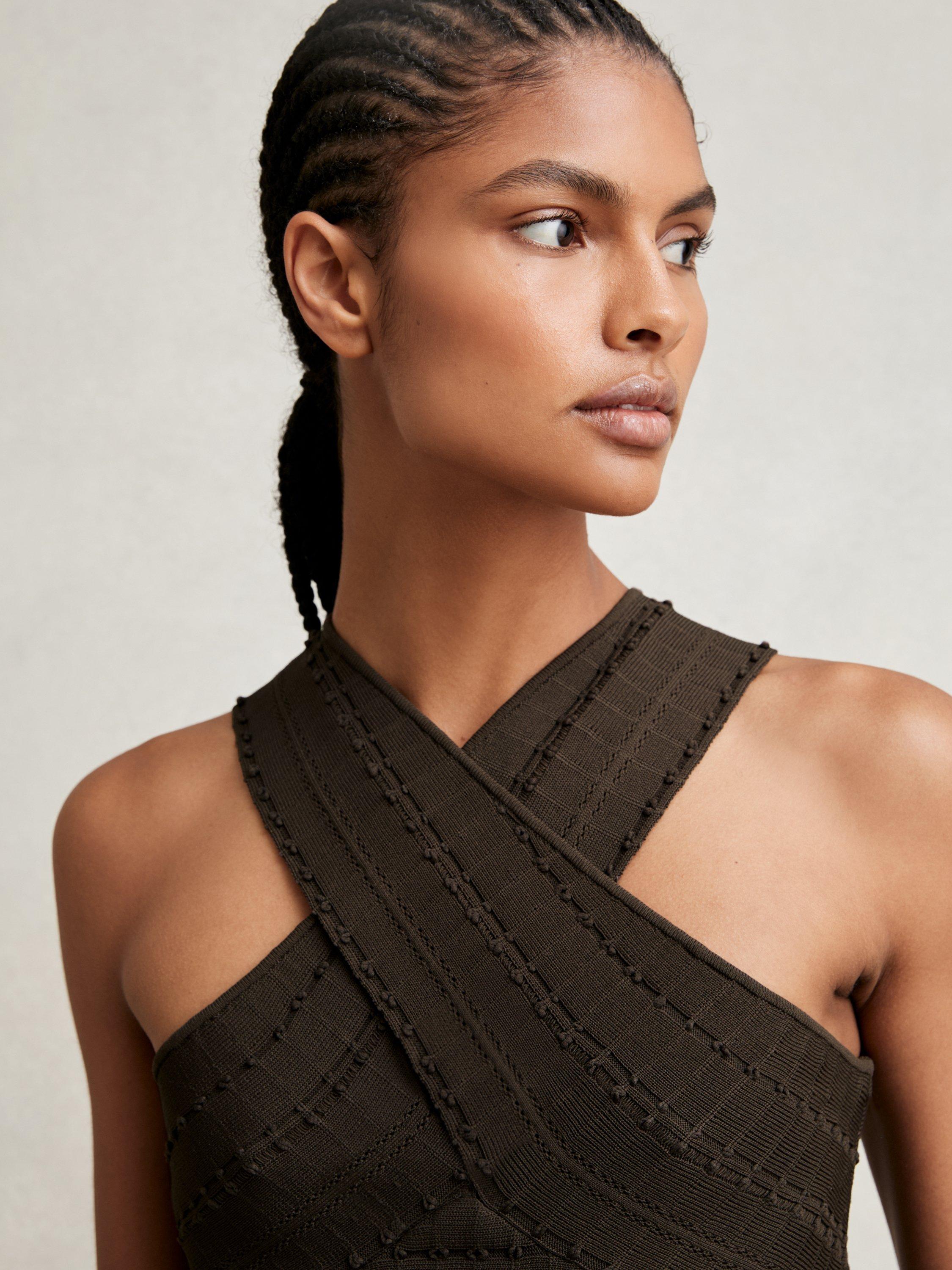 Product image 4 of 4, which shows Reiss Alex Cross Strap Neck Top, Chocolate, S