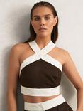 Reiss Rebecca Halterneck Crop Top, Chocolate/Cream