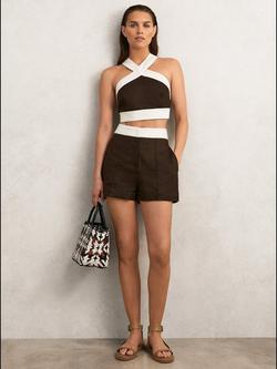 Reiss Rebecca Halterneck Crop Top, Chocolate/Cream - view 2, Chocolate/Cream