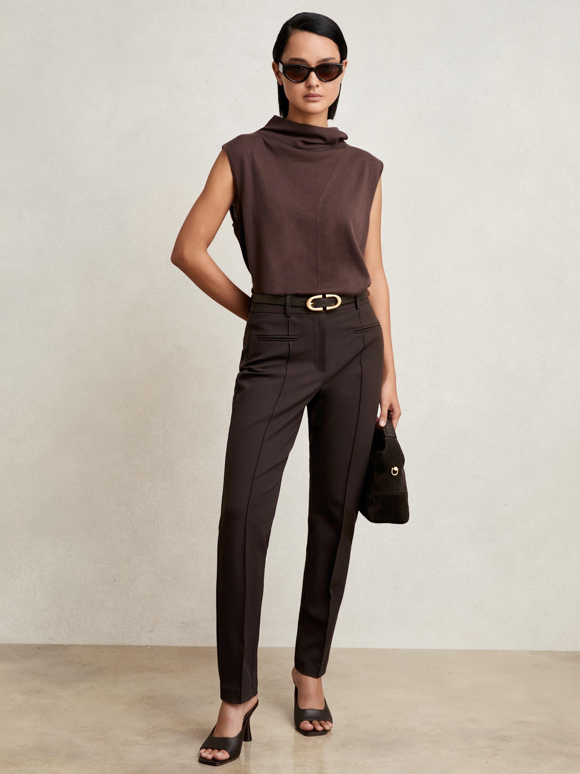 Product image 1 of 5, which shows Reiss Petite Norla Taper Trousers, Chocolate Brown, 6Pt