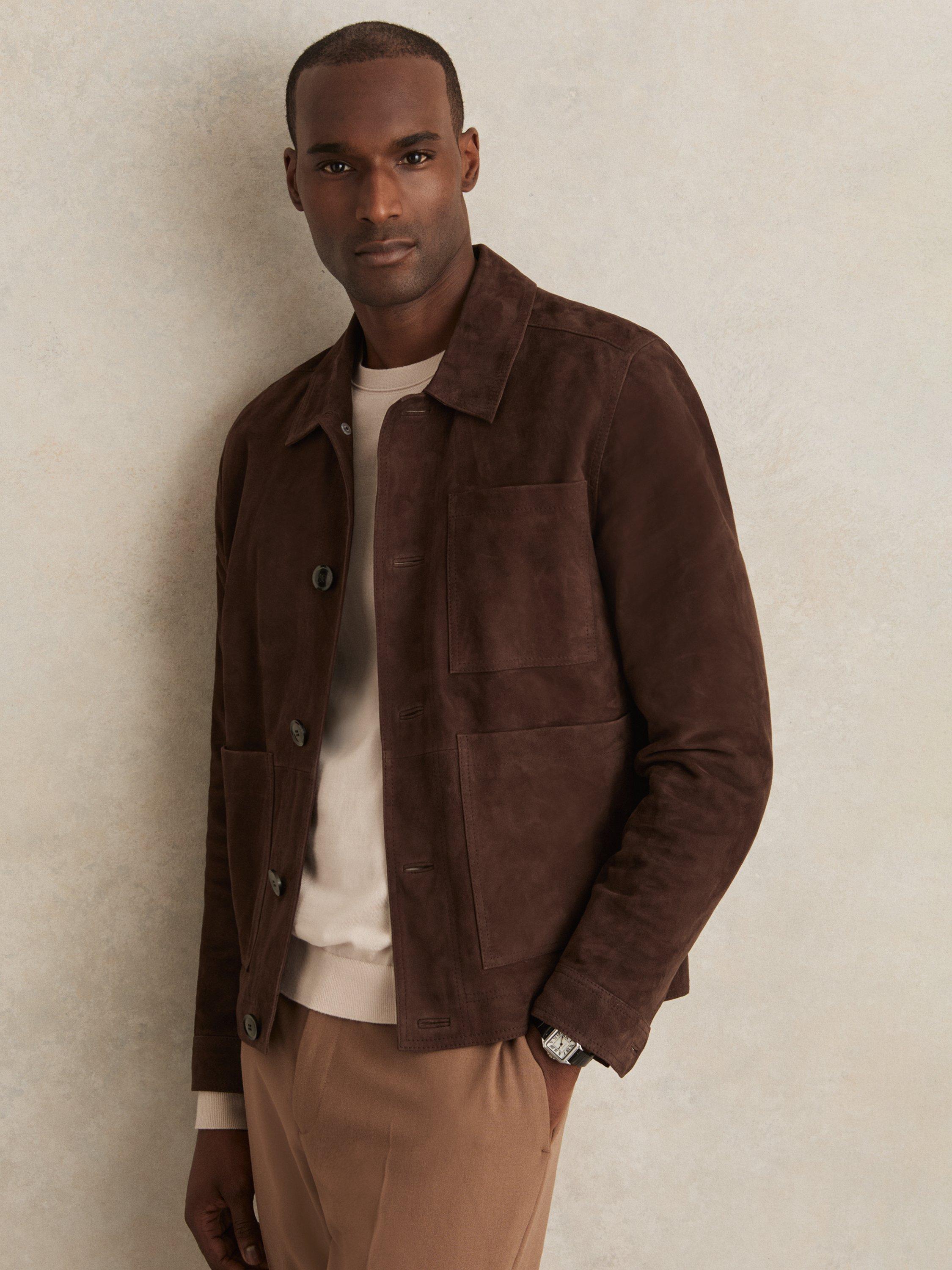 Product image 1 of 5, which shows Reiss Wilstead Leather Jacket, Chocolate Brown, XS