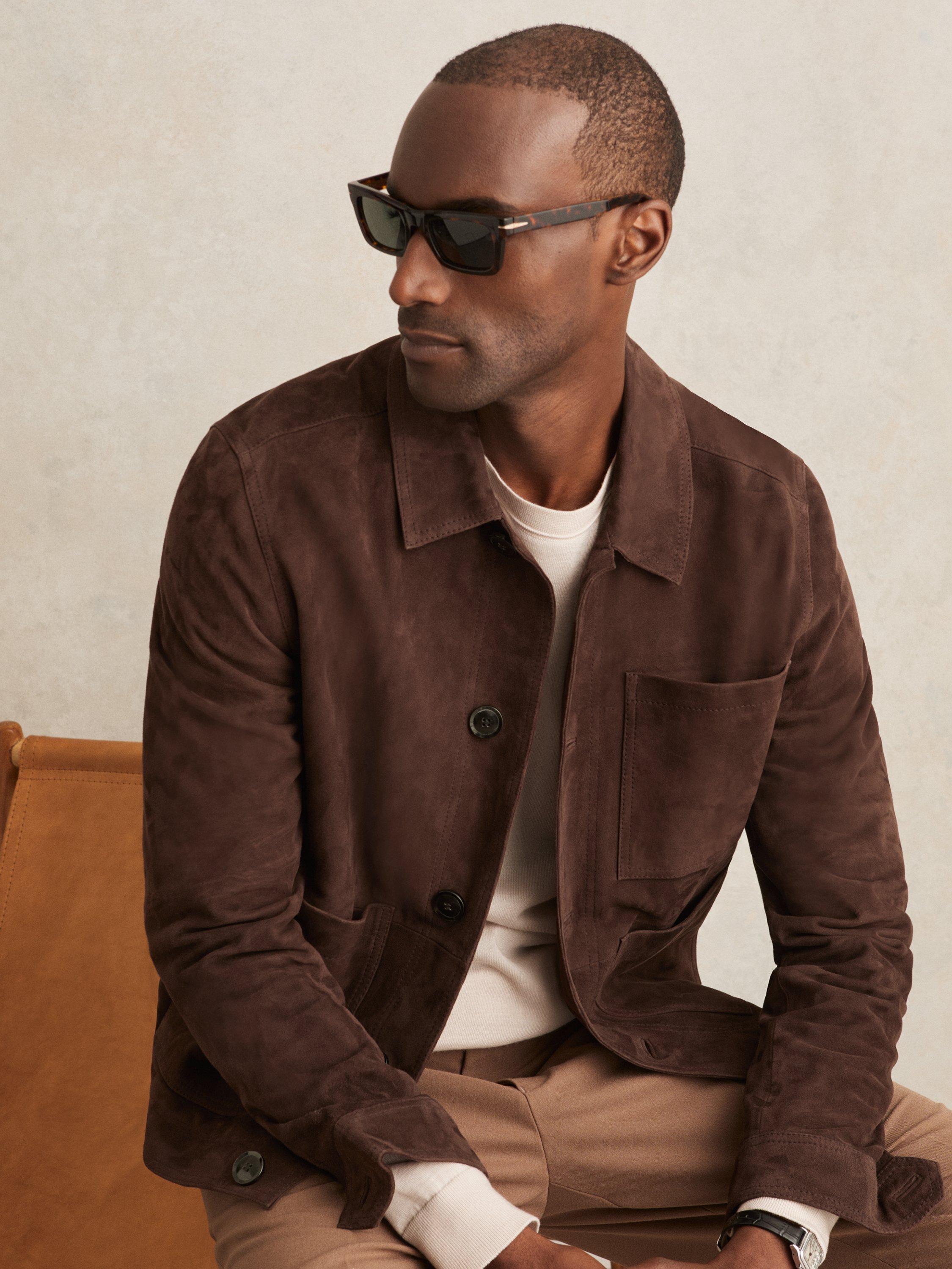 Product image 2 of 5, which shows Reiss Wilstead Leather Jacket, Chocolate Brown, XS