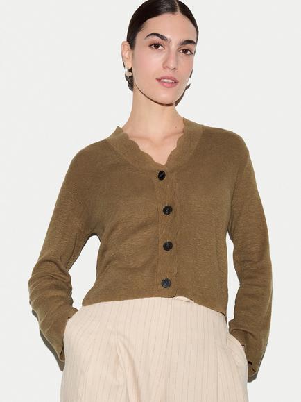 Jigsaw Linen Rich Scallop Edge Cardigan, Khaki