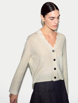 Jigsaw Linen Rich Scallop Edge Cardigan, Ivory