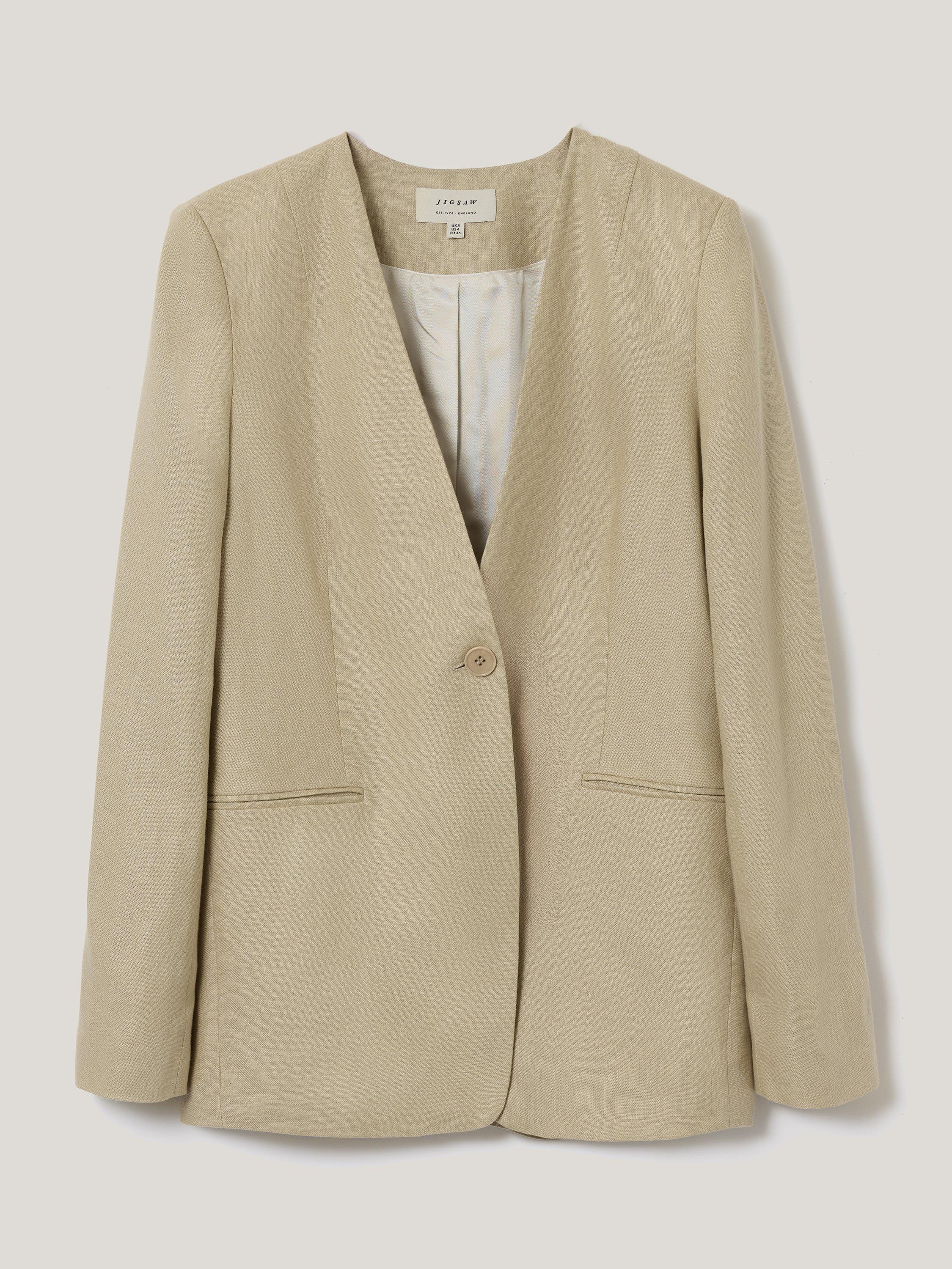Product image 5 of 7, which shows Jigsaw Pure Irish Linen Open Neck Blazer, Sand, 6