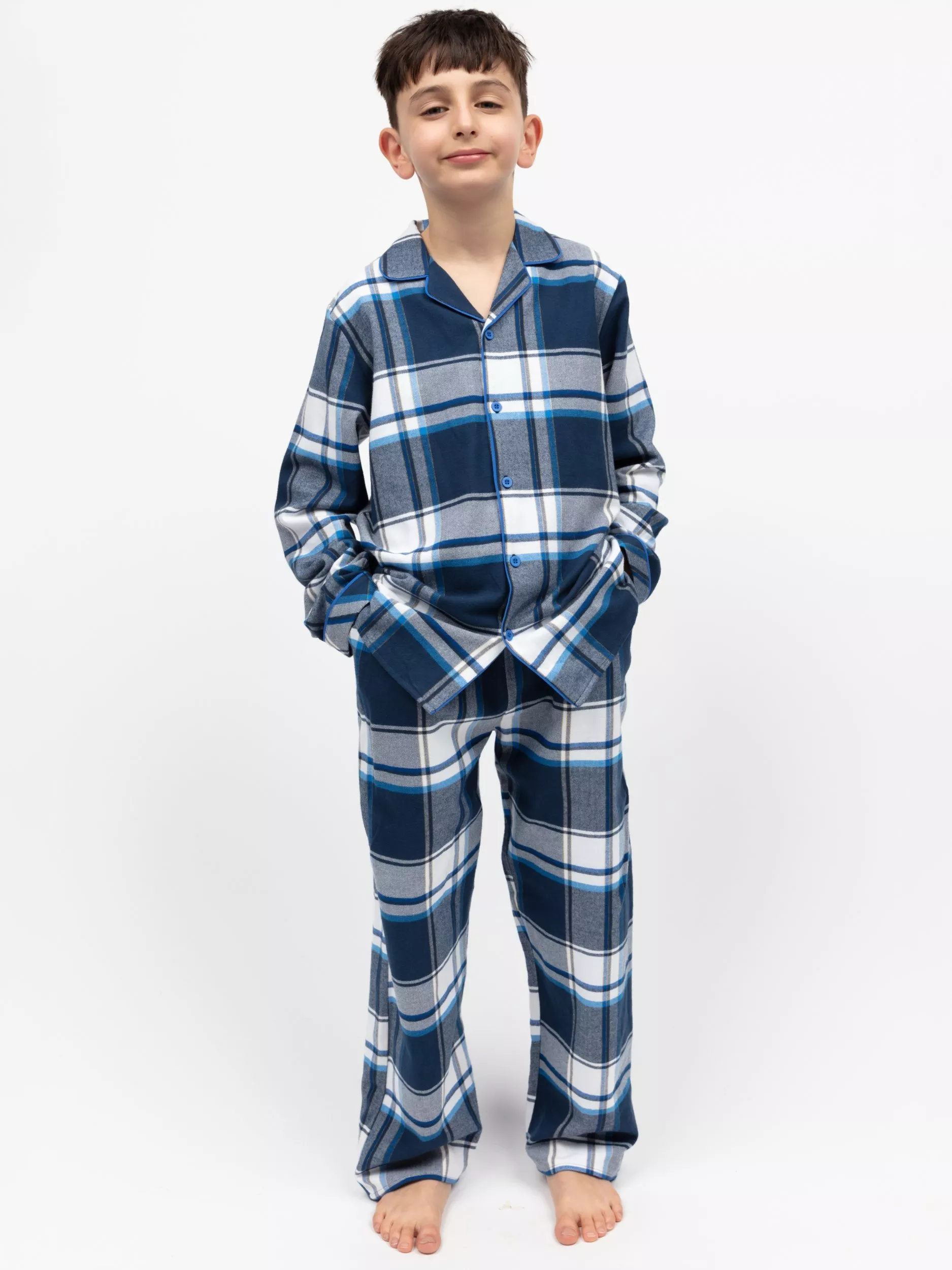 Minijammies Kids' Frosty Brushed Cotton Check Pyjama Set, Navy