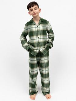 Minijammies Kids' Fern Brushed Cotton Check Pyjama Set, Olive Green, Olive Green