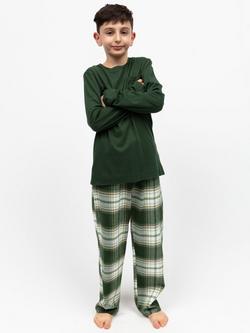 Minijammies Kids' Fern Jersey Top & Brushed Cotton Check Trousers Pyjama Set, Olive Green, Olive Green