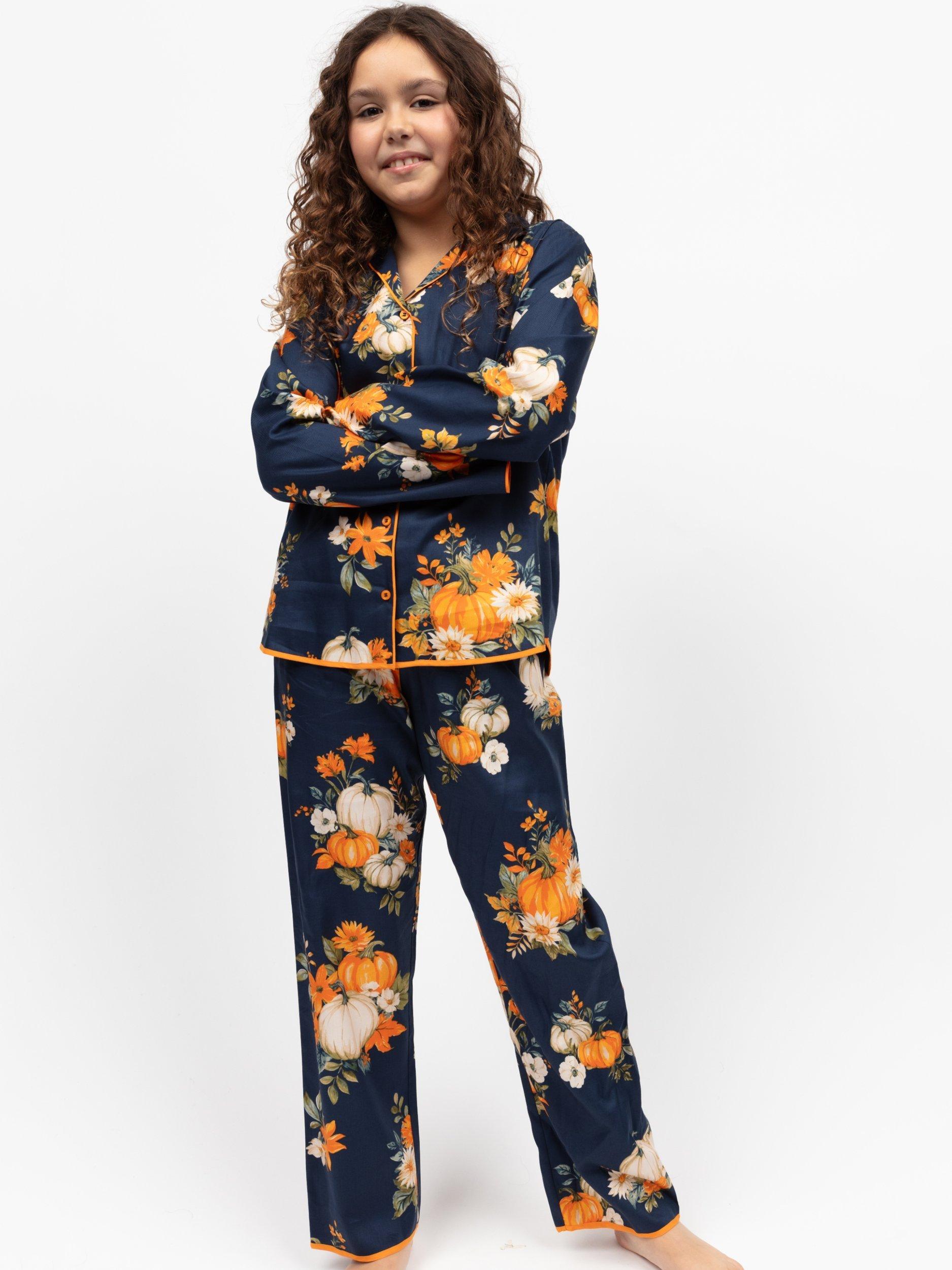 Product image 1 of 4, which shows Minijammies Kids' Pumpkin Print Pyjama Set, Navy, 2-3 years