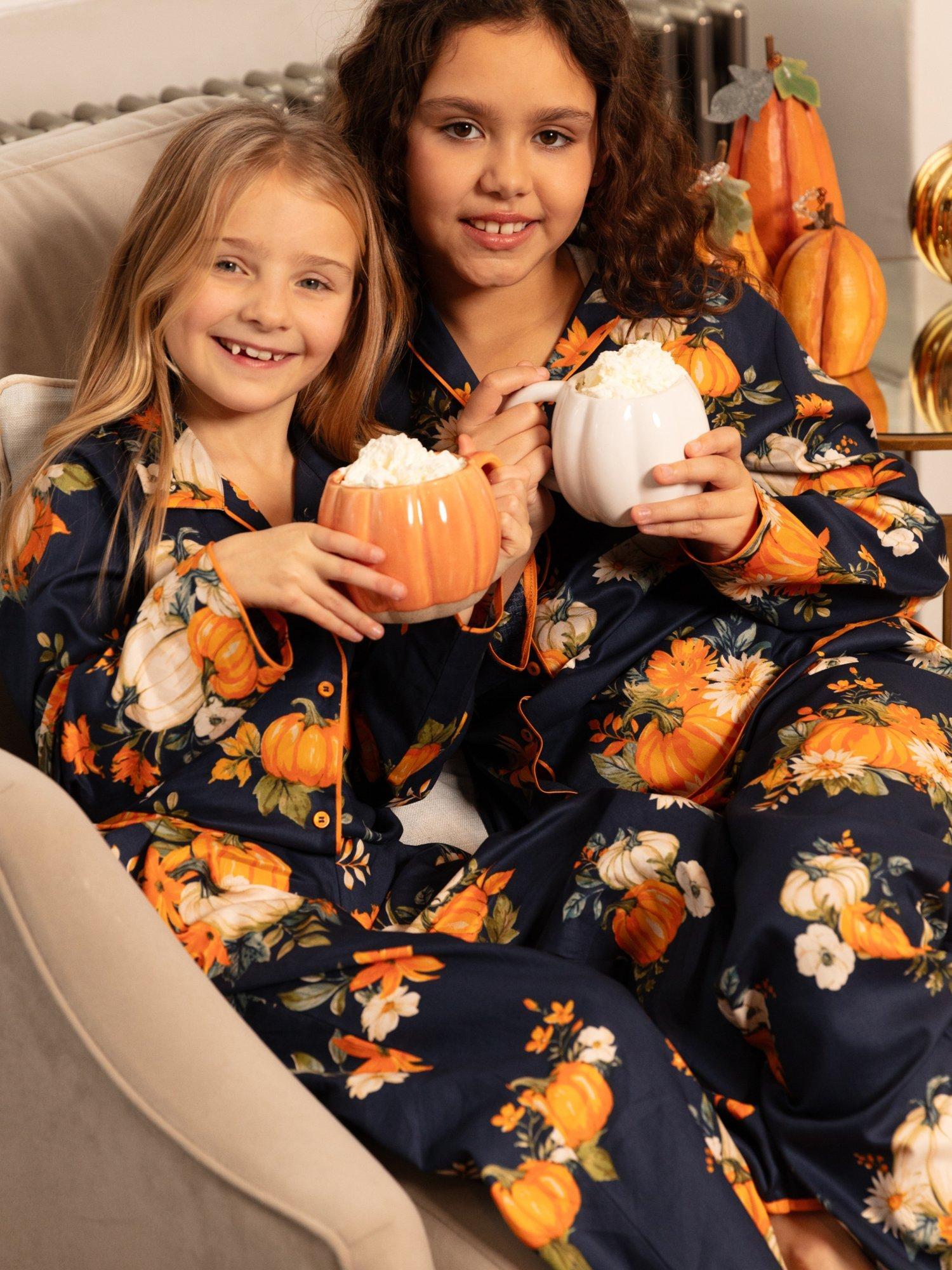 Product image 2 of 4, which shows Minijammies Kids' Pumpkin Print Pyjama Set, Navy, 2-3 years