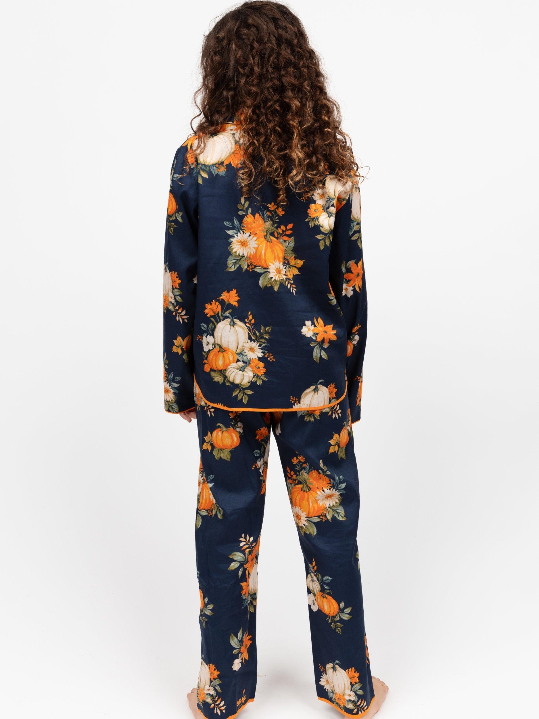 Product image 3 of 4, which shows Minijammies Kids' Pumpkin Print Pyjama Set, Navy, 2-3 years