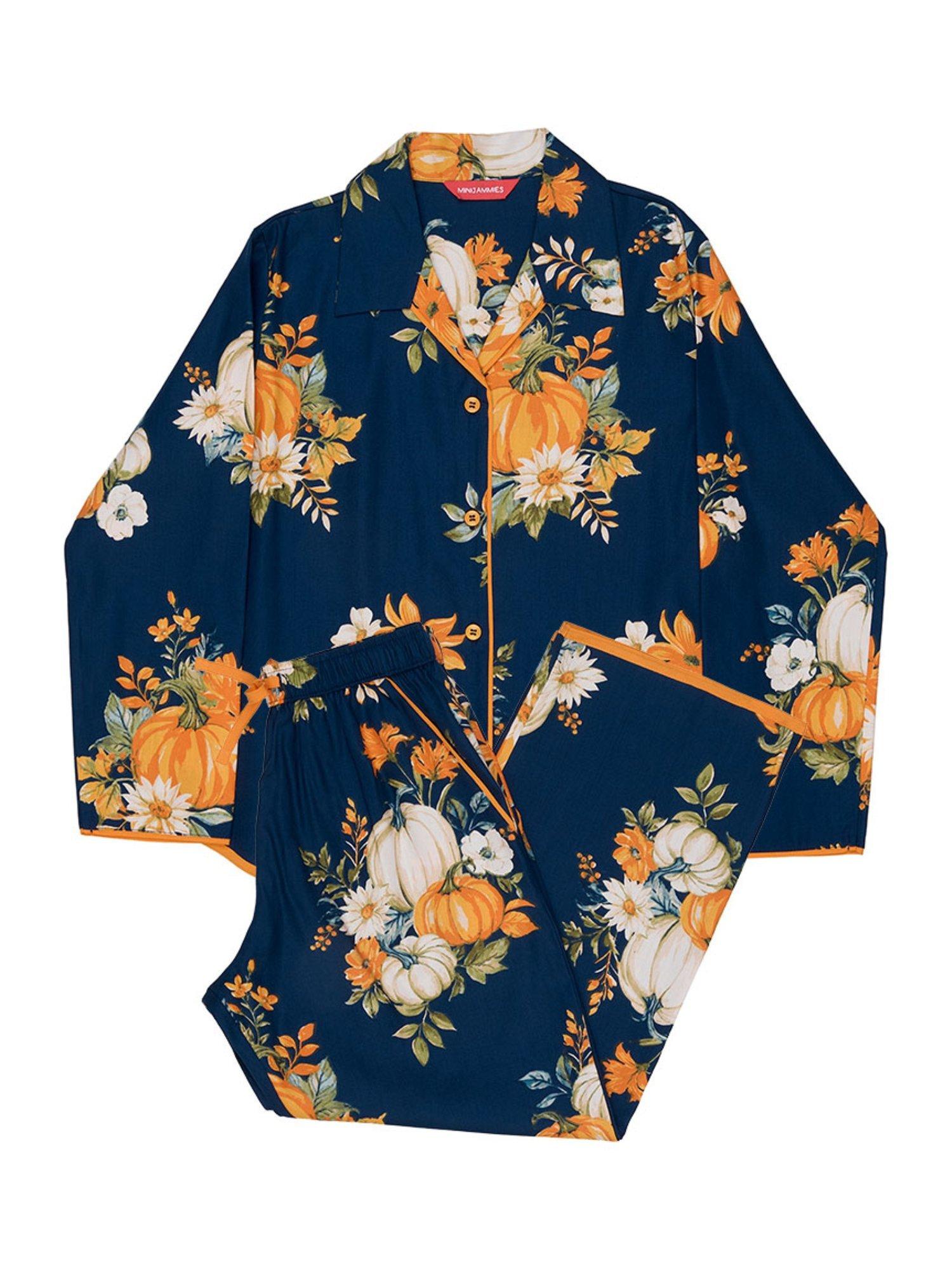 Product image 4 of 4, which shows Minijammies Kids' Pumpkin Print Pyjama Set, Navy, 2-3 years
