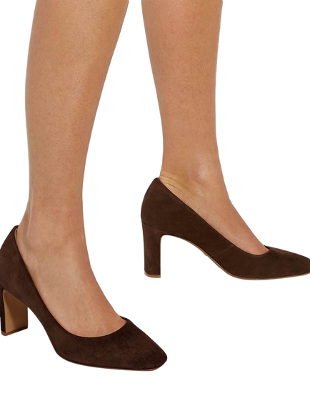 Dune London Arriving Wide Fit Suede High Block Heel Court Shoes - view 2, Brown