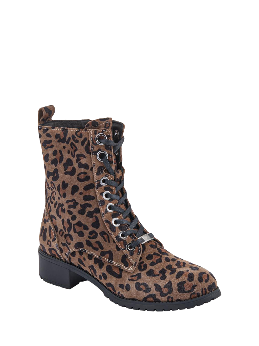Product image 2 of 5, which shows Jones Bootmaker Maura Leather Leopard Print Lace Up Ankle Boots, Leopard, 6
