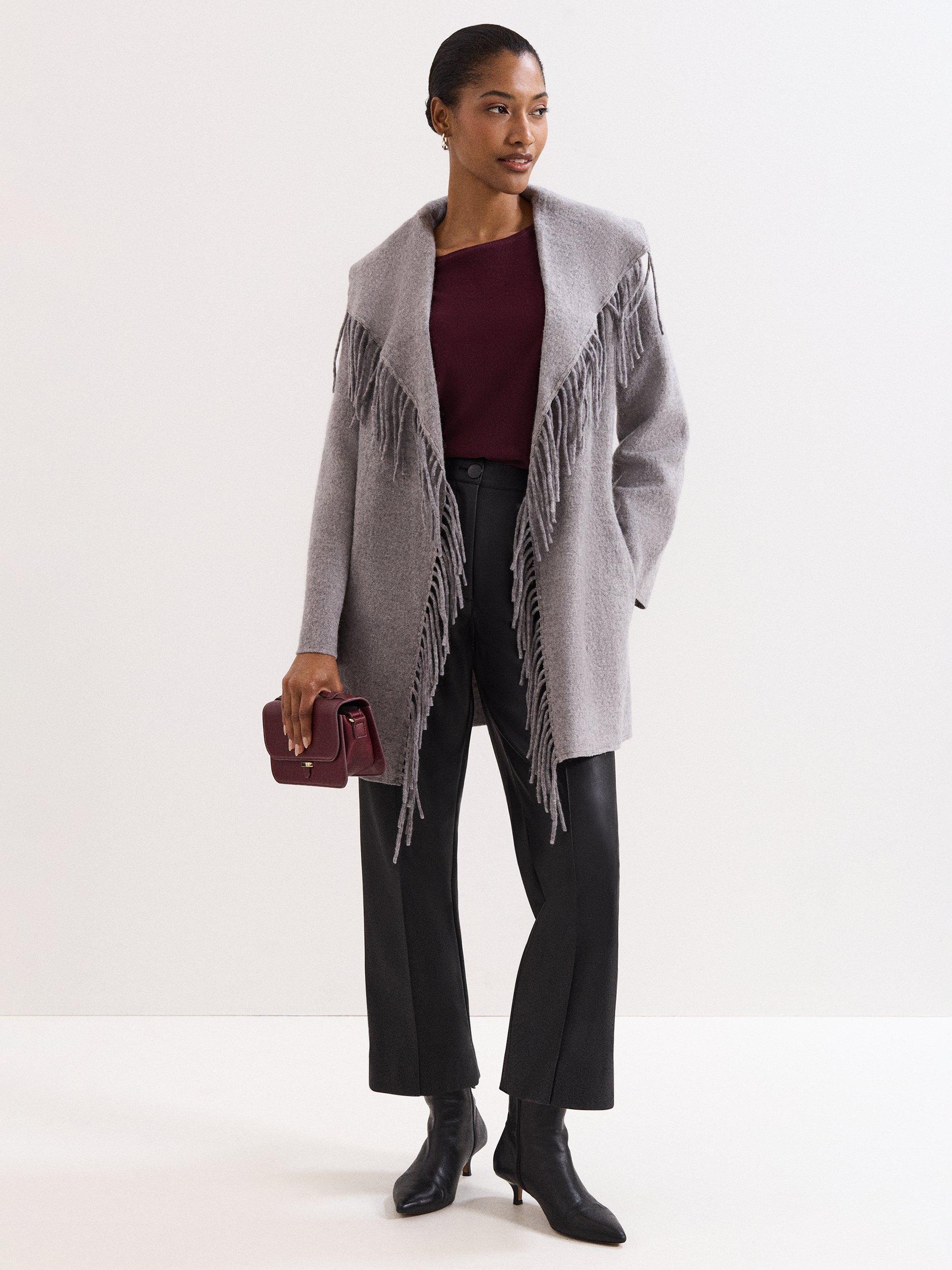 Product image 3 of 8, which shows Phase Eight Lisa Tassel Wool Blend Coat, Grey, XS