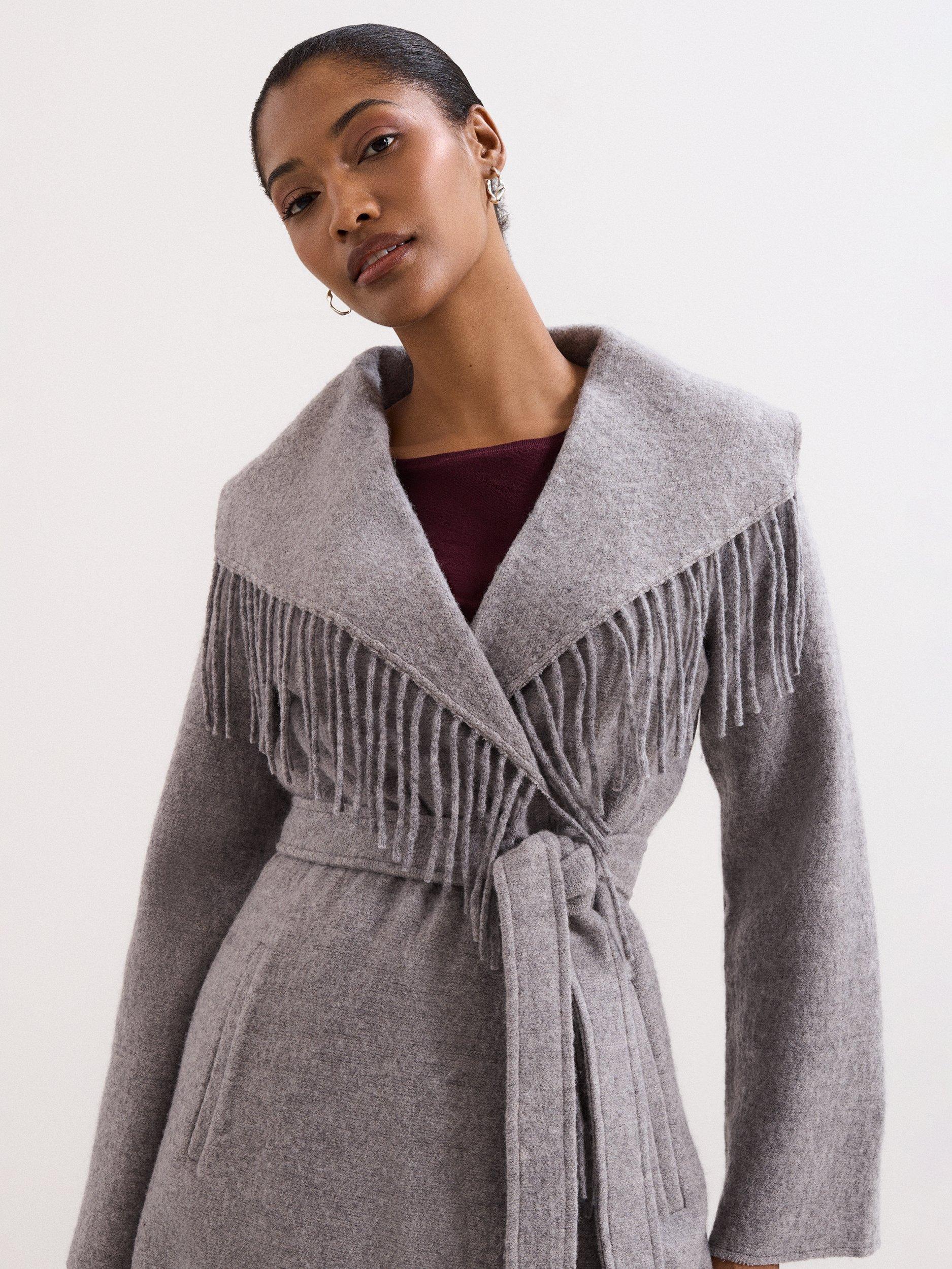 Product image 4 of 8, which shows Phase Eight Lisa Tassel Wool Blend Coat, Grey, XS