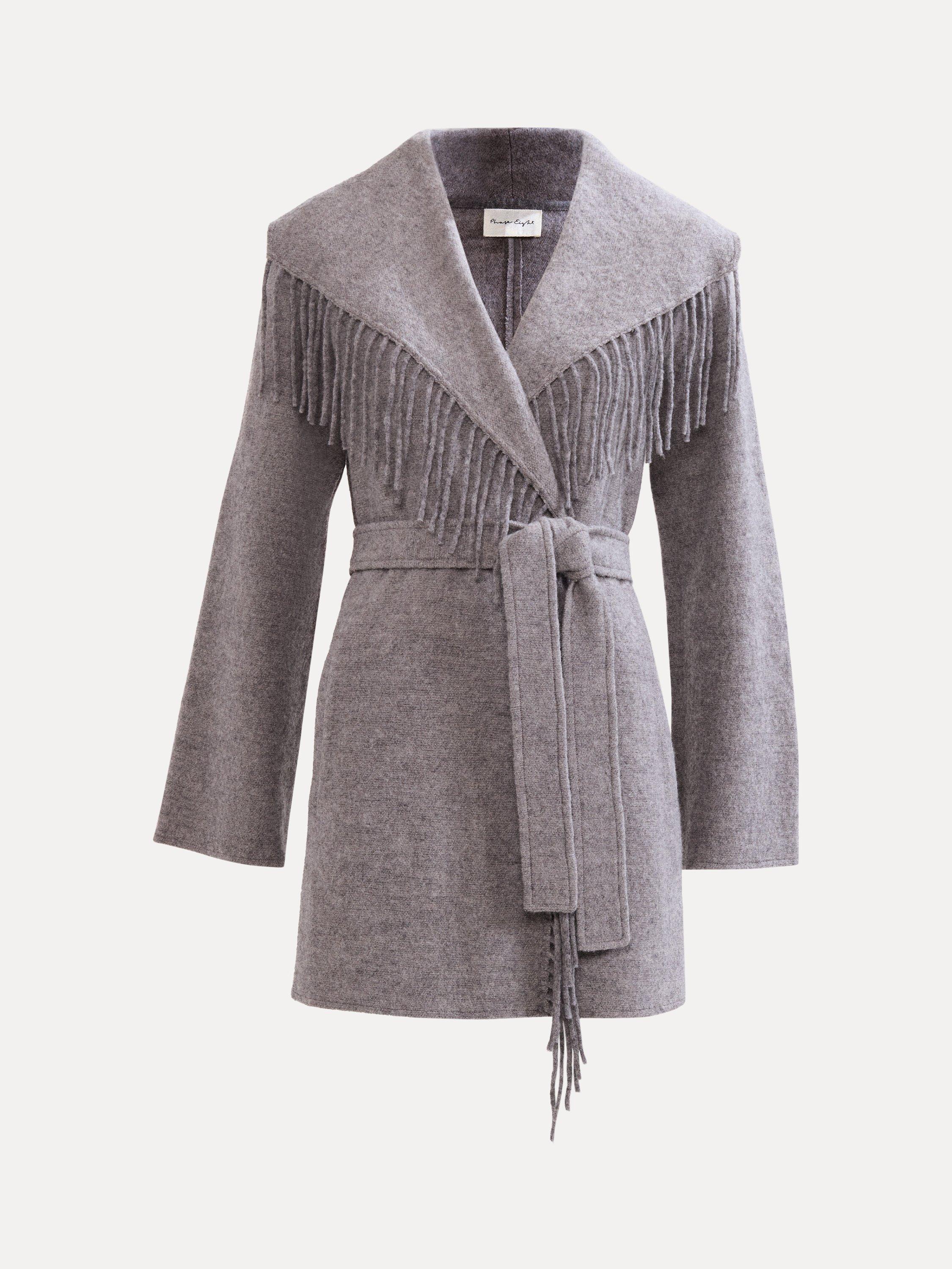 Product image 5 of 8, which shows Phase Eight Lisa Tassel Wool Blend Coat, Grey, XS
