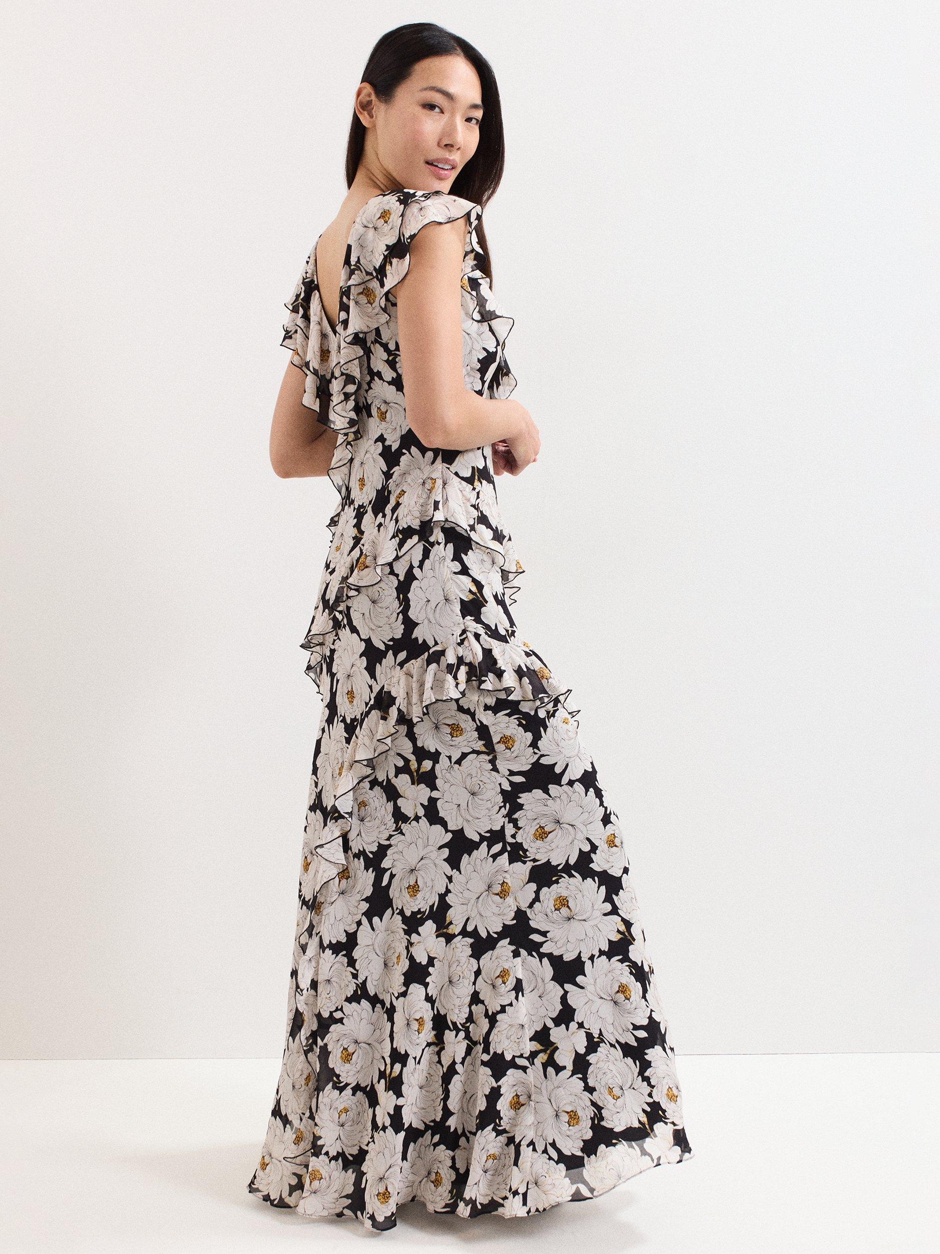 Product image 2 of 9, which shows Phase Eight Eva Floral Ruffle Maxi Dress, Multi, 6