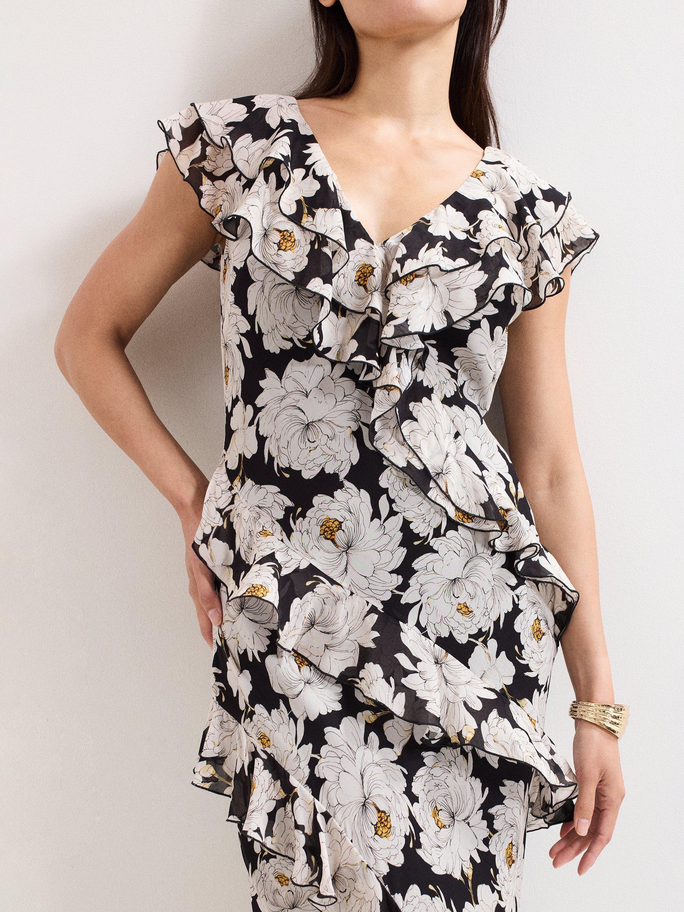 Product image 4 of 9, which shows Phase Eight Eva Floral Ruffle Maxi Dress, Multi, 6