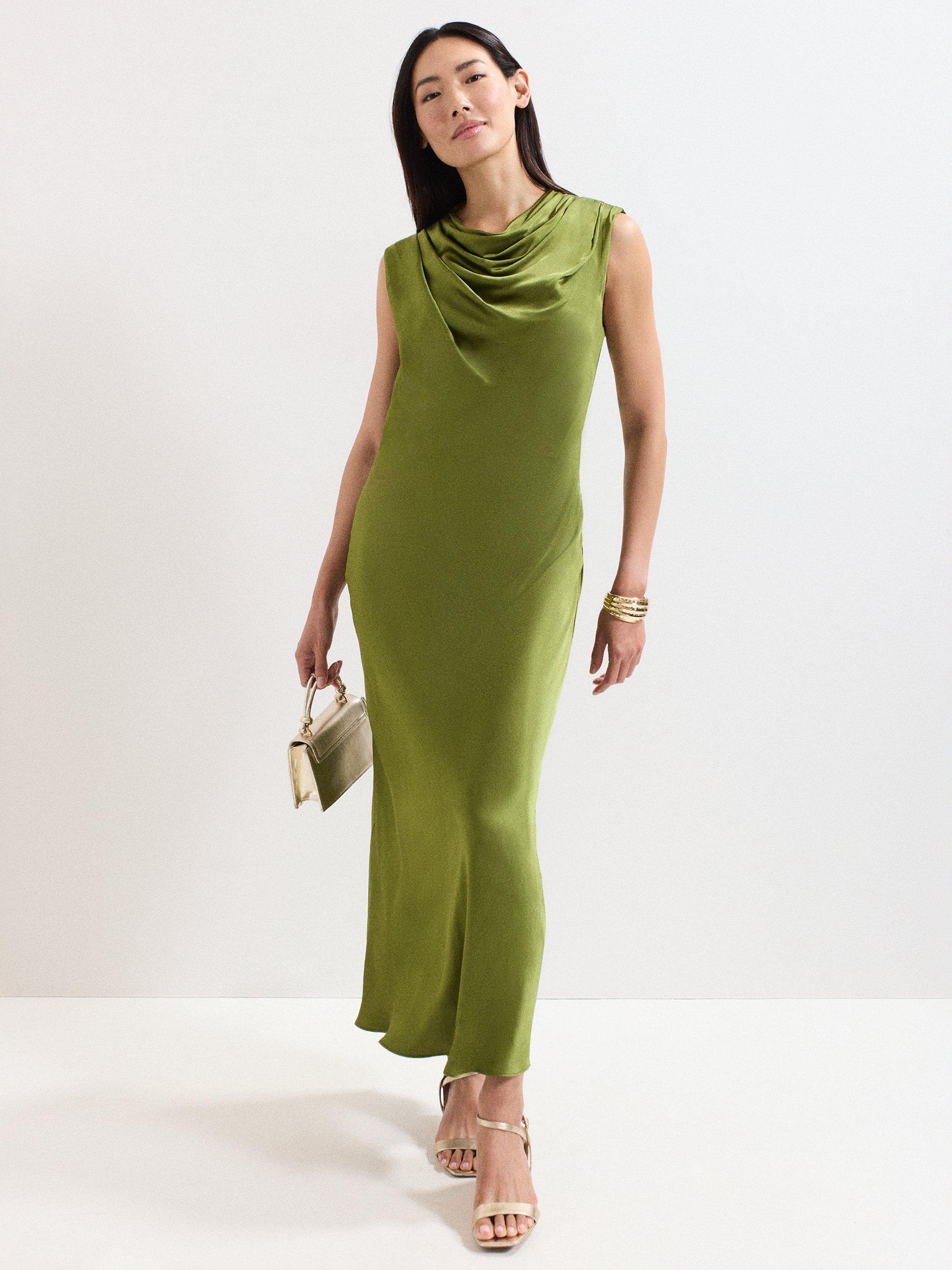 Product image 1 of 9, which shows Phase Eight Hallie Satin Midi Dress, Green, 8