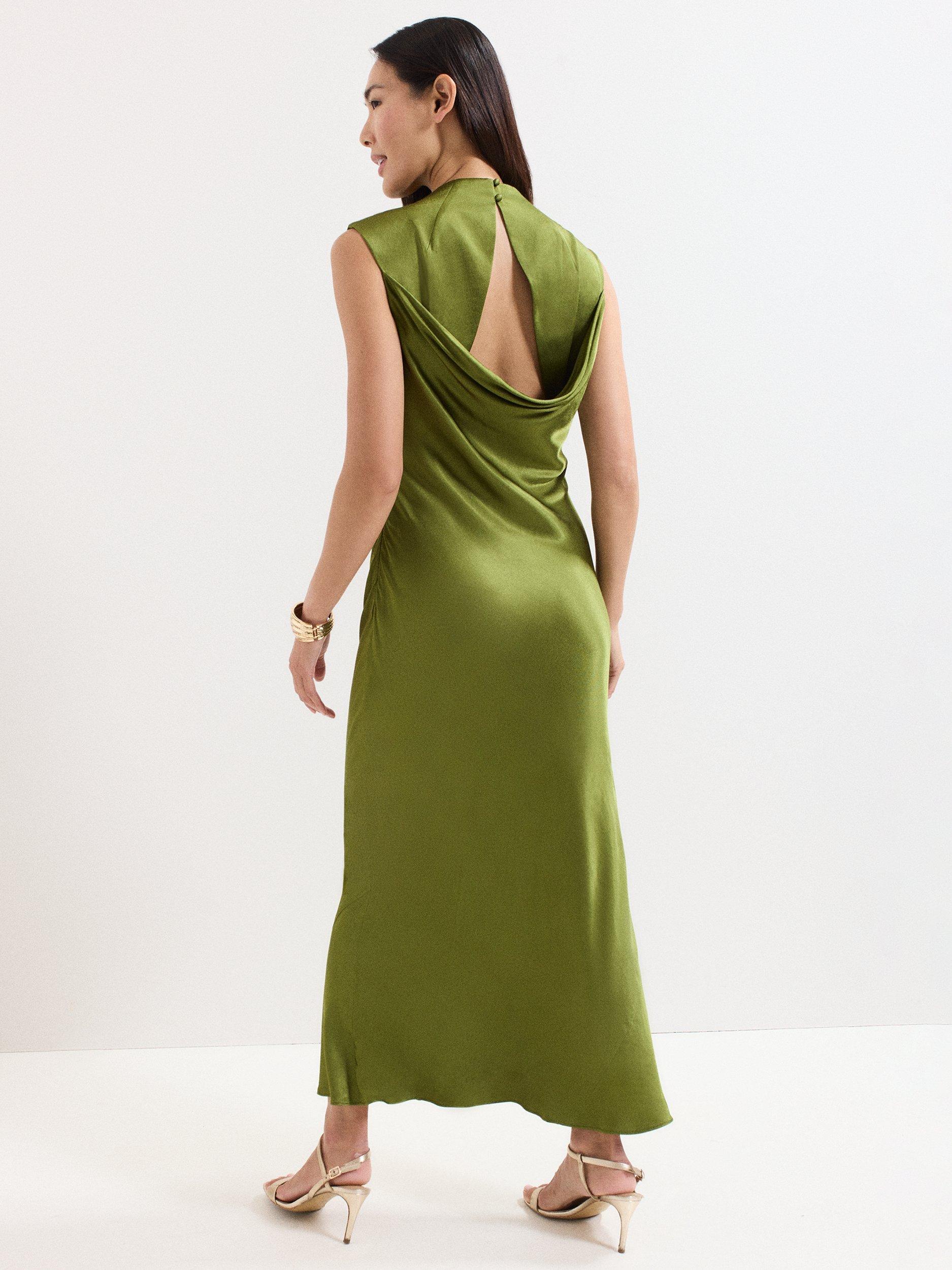 Product image 2 of 9, which shows Phase Eight Hallie Satin Midi Dress, Green, 8