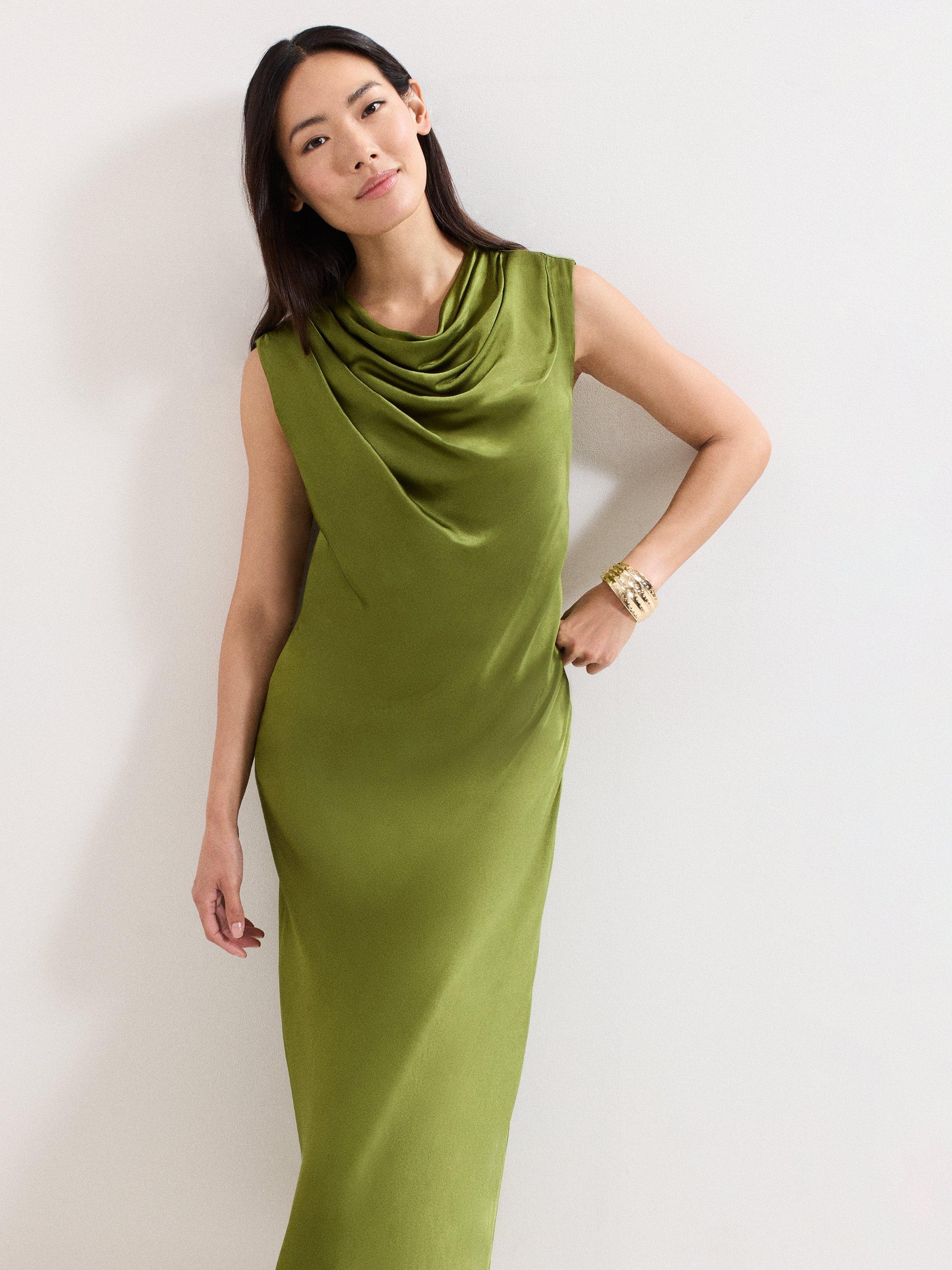 Product image 3 of 9, which shows Phase Eight Hallie Satin Midi Dress, Green, 8