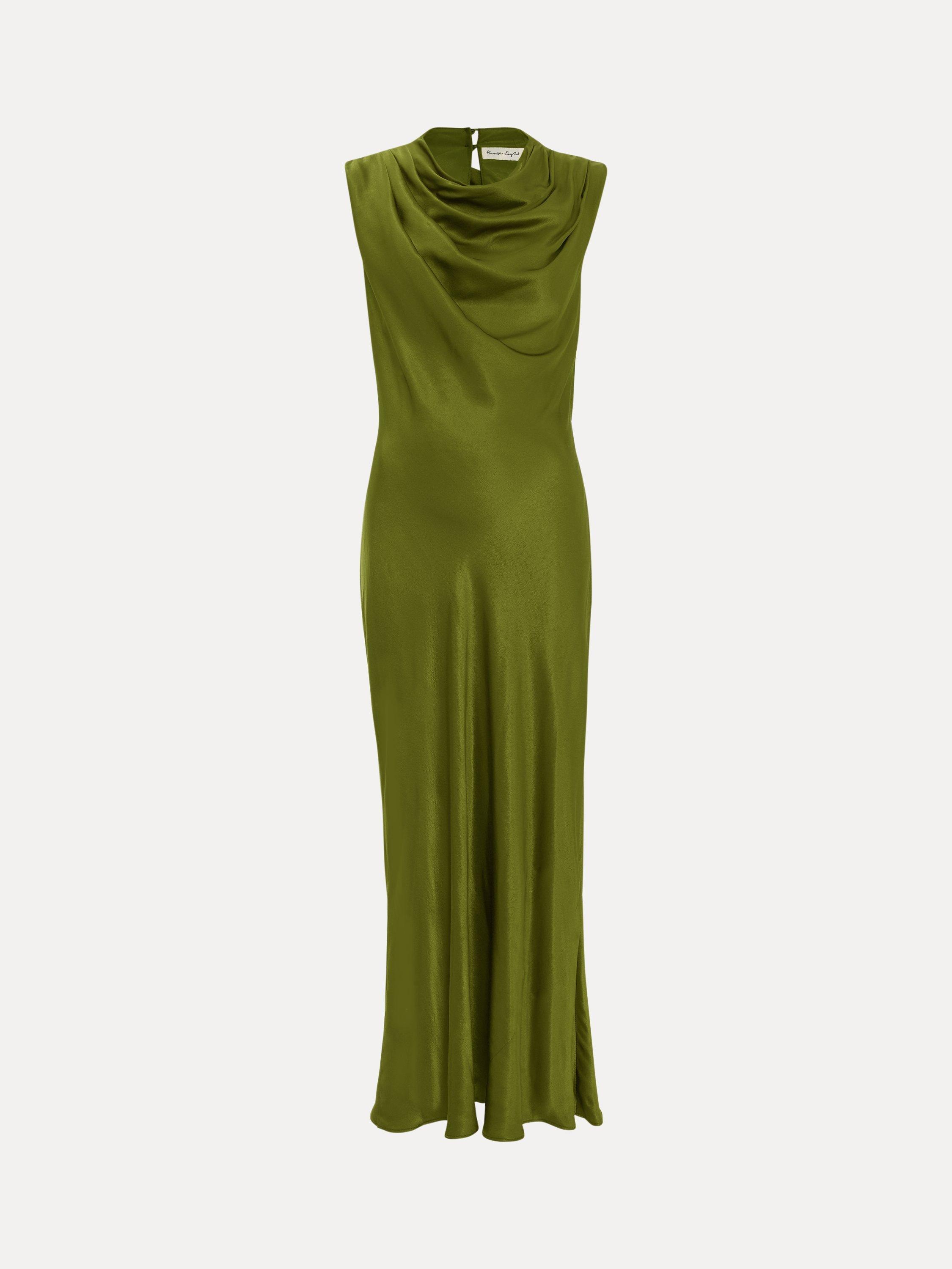 Product image 5 of 9, which shows Phase Eight Hallie Satin Midi Dress, Green, 8