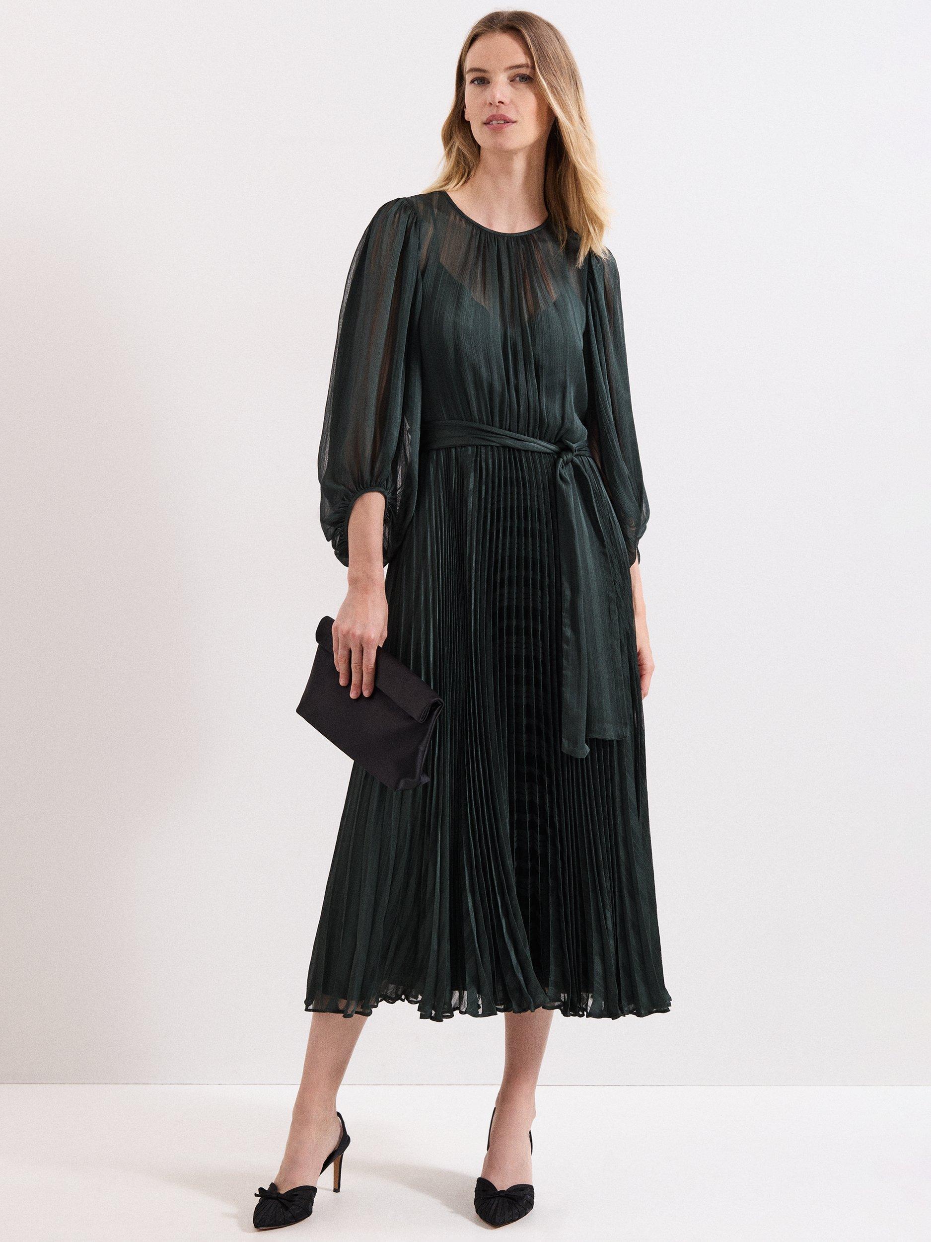 Product image 1 of 9, which shows Phase Eight Lucie Pleated Dress, Green, 6