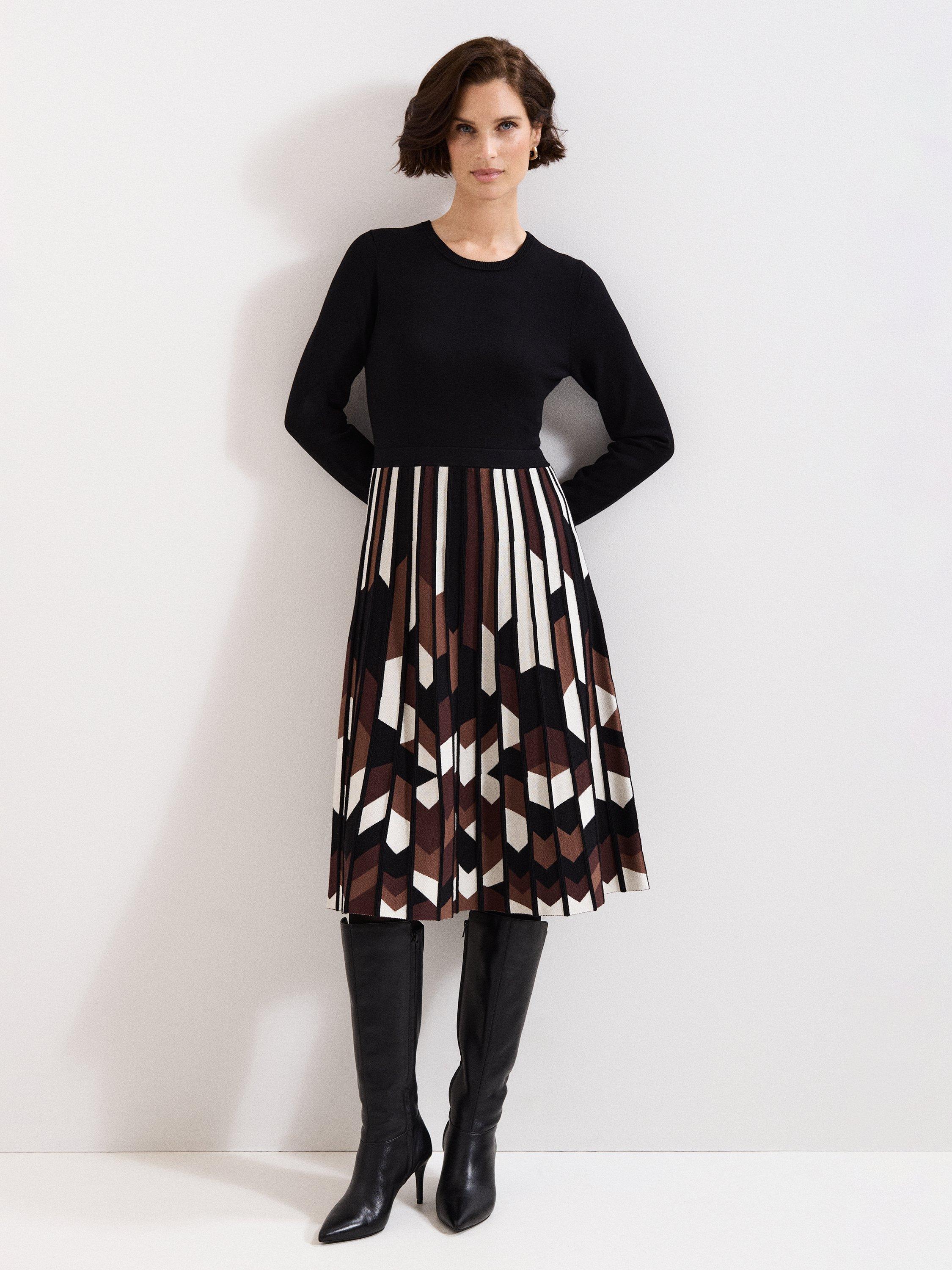 Product image 1 of 6, which shows Phase Eight Maci Split Pleated Dress, Brown/Multi, 8