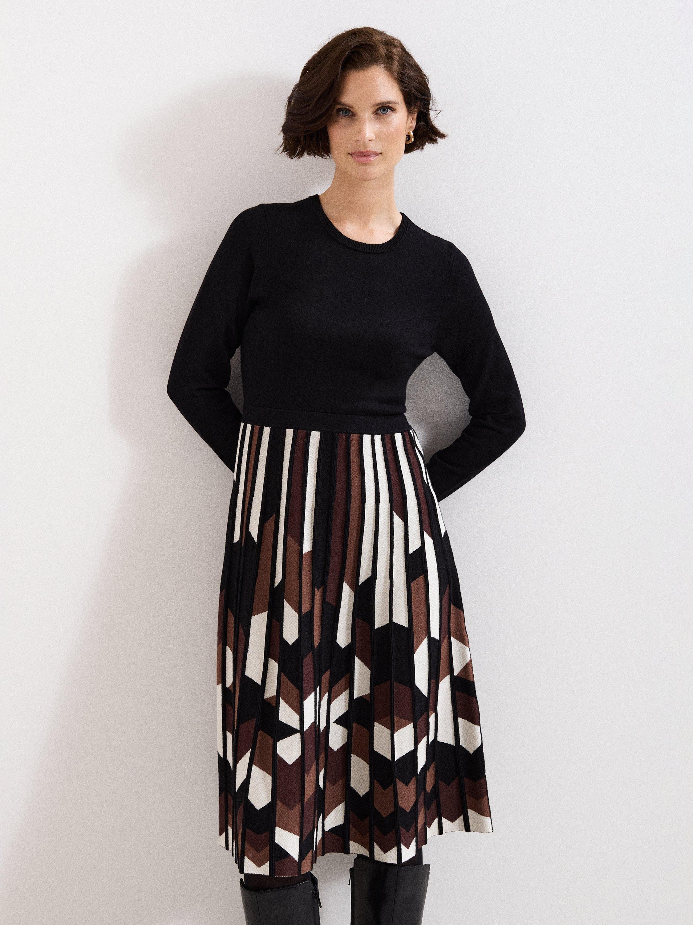 Product image 3 of 6, which shows Phase Eight Maci Split Pleated Dress, Brown/Multi, 8