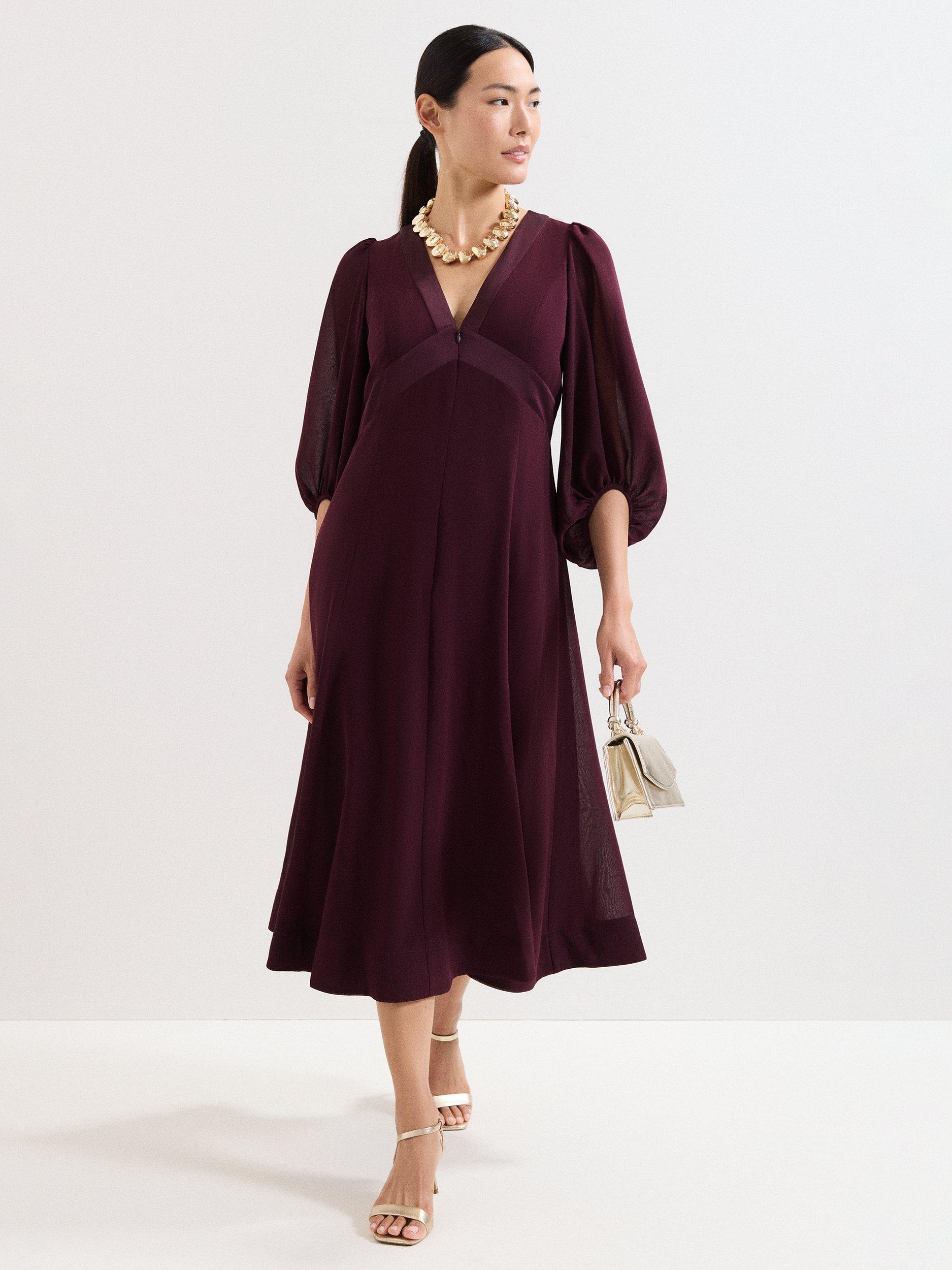 Phase Eight Vera Satin Trim Midi Dress, Burgundy