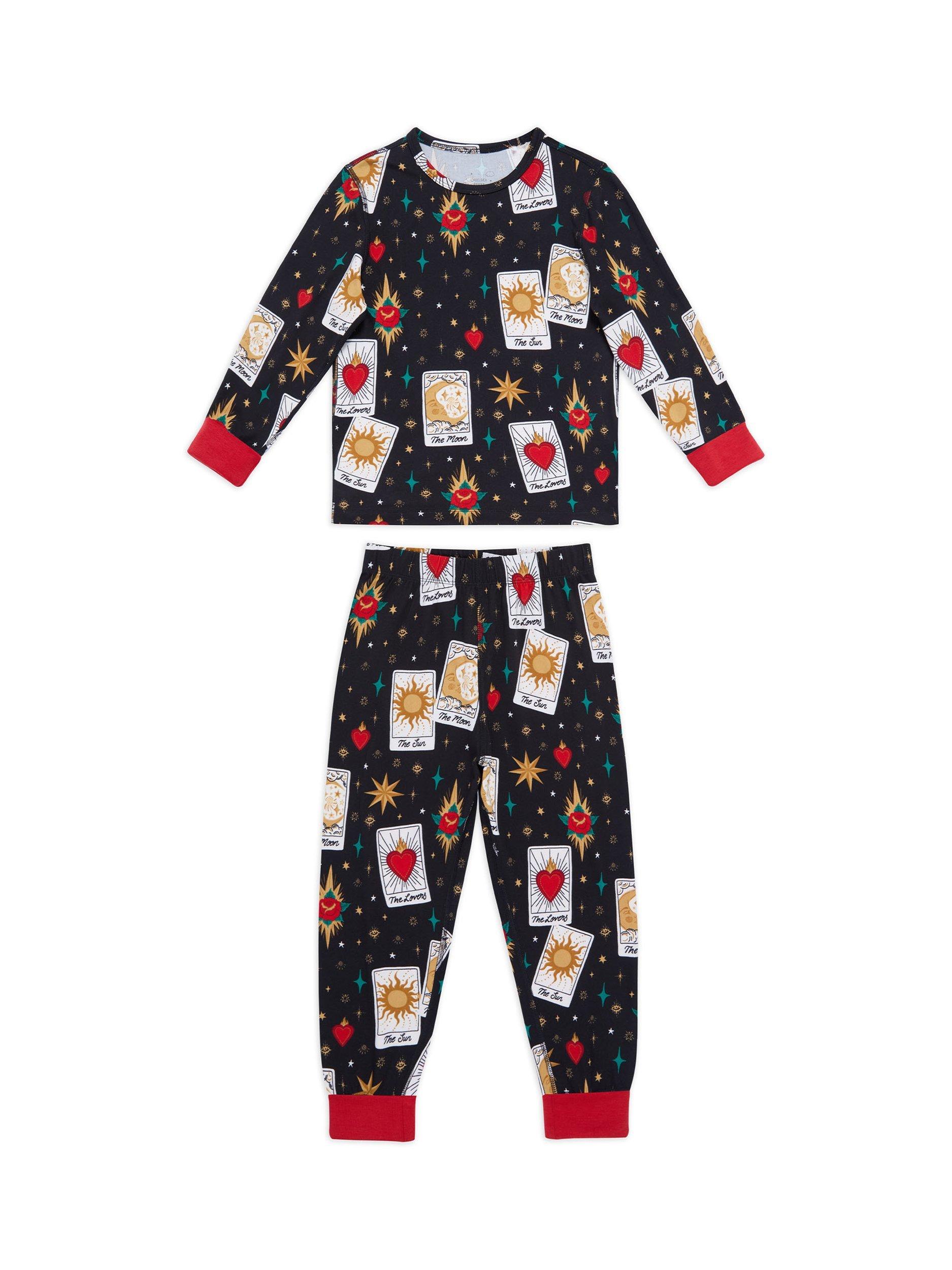 Product image 1 of 3, which shows Chelsea Peers Kids' Long Sleeved Tarot Print Pyjamas, Black, 1-2 years