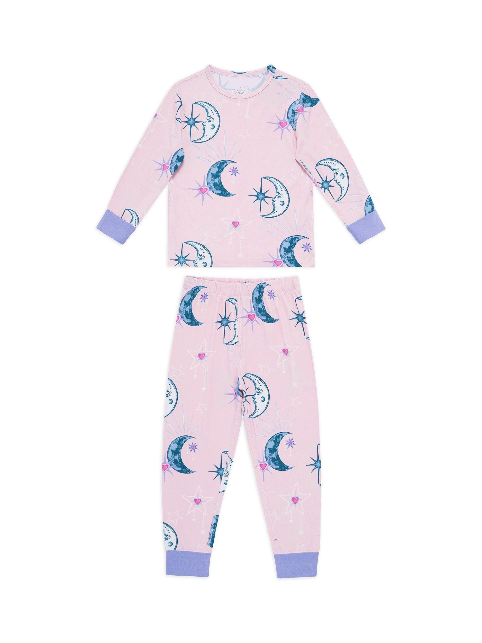 Product image 1 of 7, which shows Chelsea Peers Kids' Astral Hearts Pyjama Set, Pink, 1-2 years