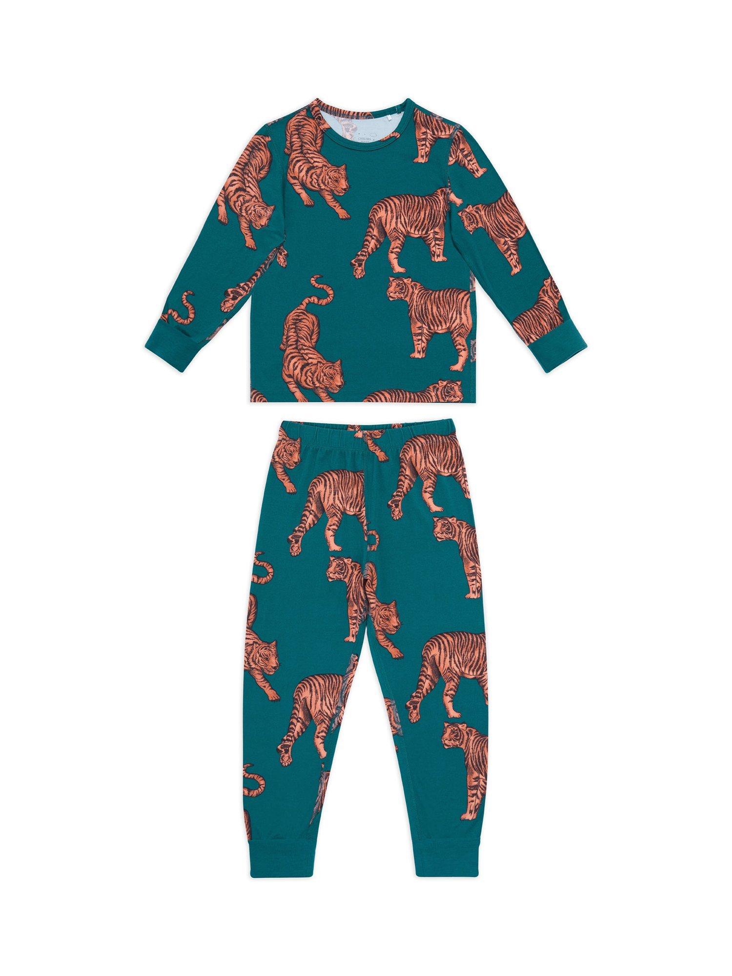 Product image 1 of 2, which shows Chelsea Peers Kids' Long Sleeved Tiger Print Pyjamas, Teal, 1-2 years