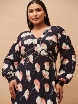 Live Unlimited Curve Floral Contrast Trim Midi Dress, Black - view 2, Black