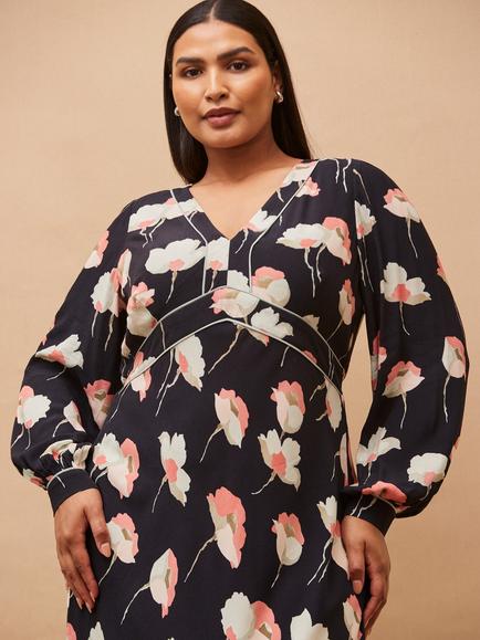 Live Unlimited Curve Floral Contrast Trim Midi Dress, Black - view 2, Black